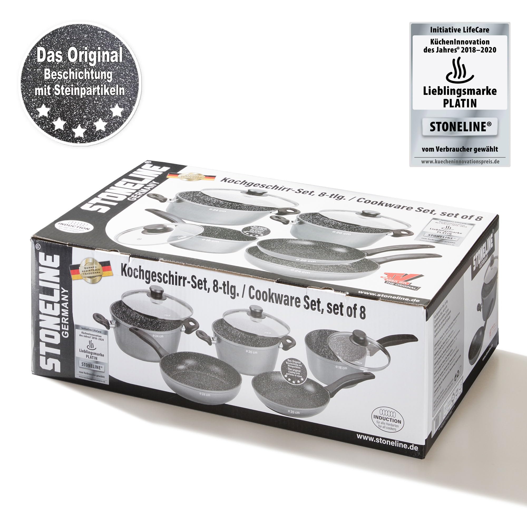 STONELINE Topfset Induktion, 8-teiliges Topfset mit Deckel, Kochtopf Set beschichtet mit echten Steinpartikeln, Aluguss Töpfe und Pfannen geeignet für alle Herdarten