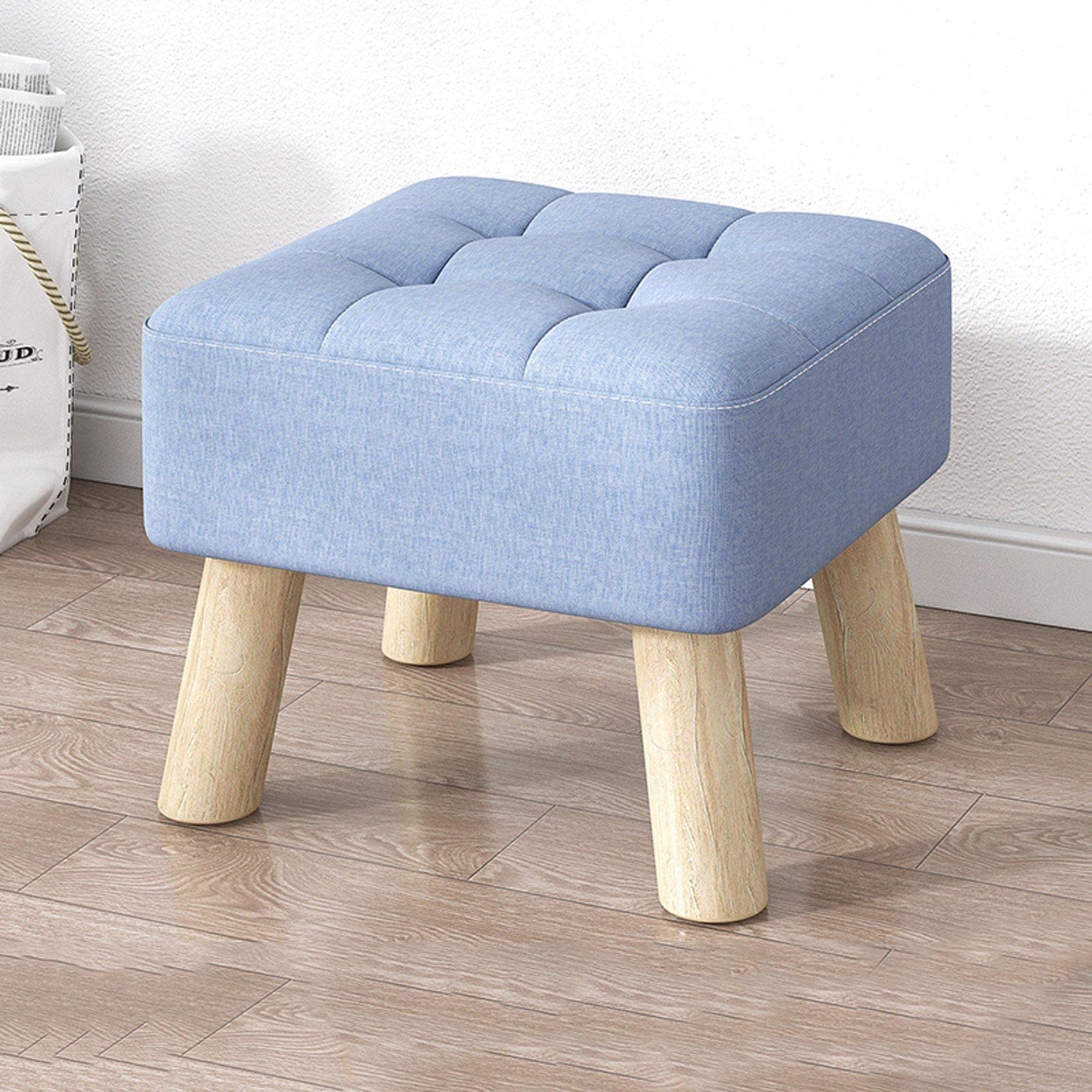 LMMIAOZ Linen Footstool with Wood Legs for Living Room and Bedroom Blue (30x30x26cm)