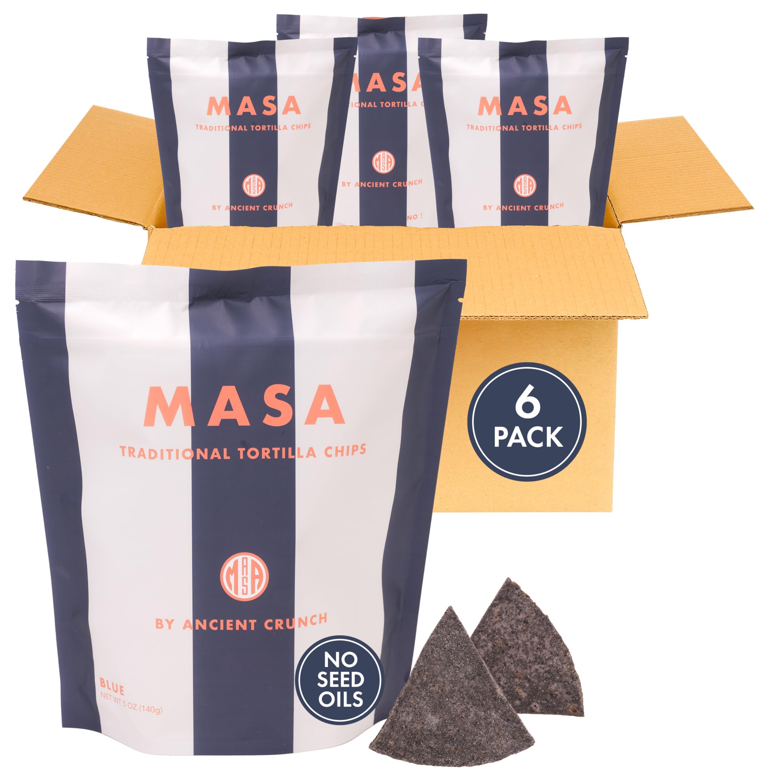 MASA Chips Blue Corn Tortilla Chips - Naturally Grown Blue Corn with Grass Fed Tallow and Sea Salt Tortilla Chips - No Seed-Oil Snacks - 6 Pack, 5 Ounce Each