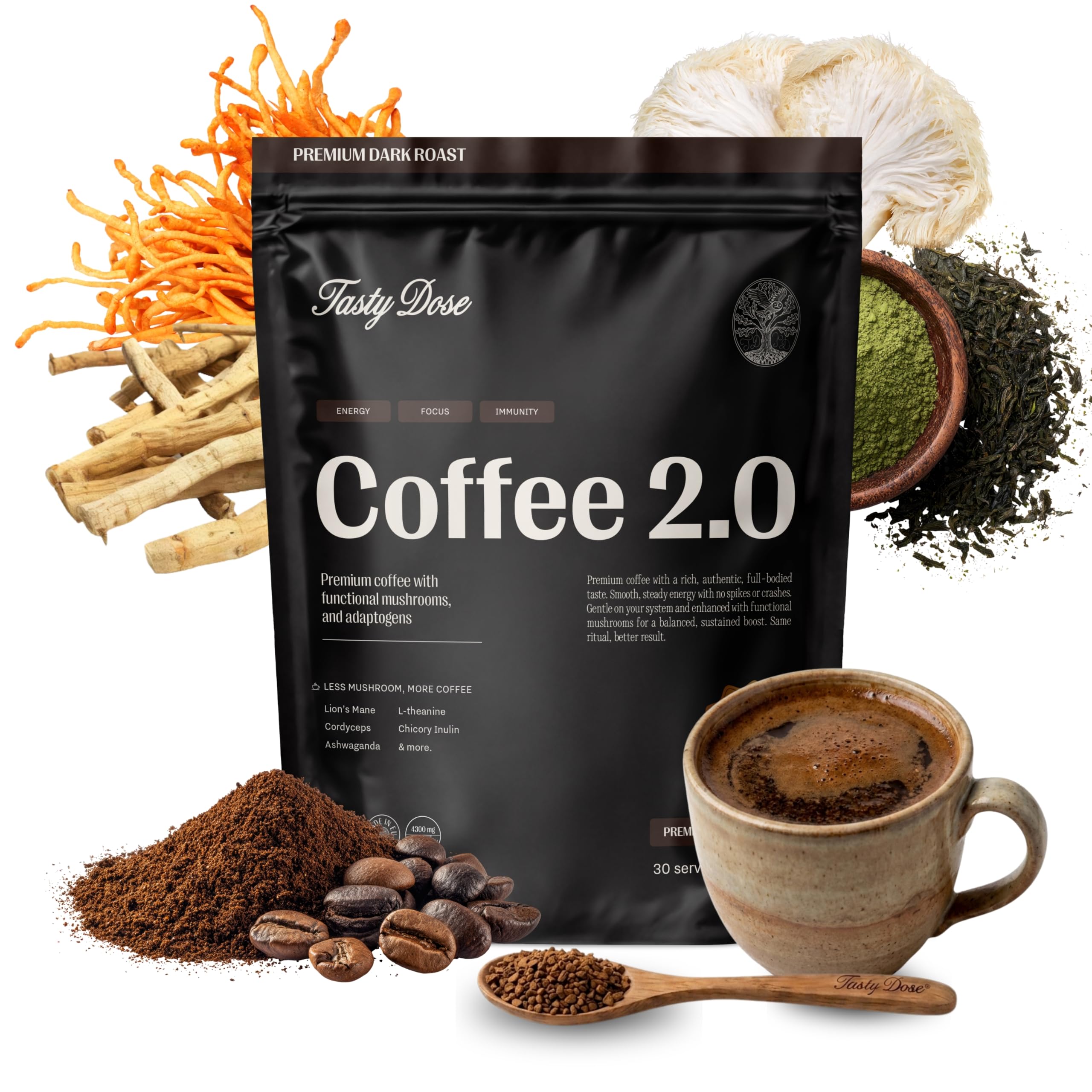 Tasty Dose 's Coffee 2.0 Dark Roast 2 Funghi Vitali (Lion's Mane, Cordyceps) + Ashwagandha + L-Teanina, Integratore Alimentare, Caffè Funghi Instant con MCT, 38 Porzioni, 210g