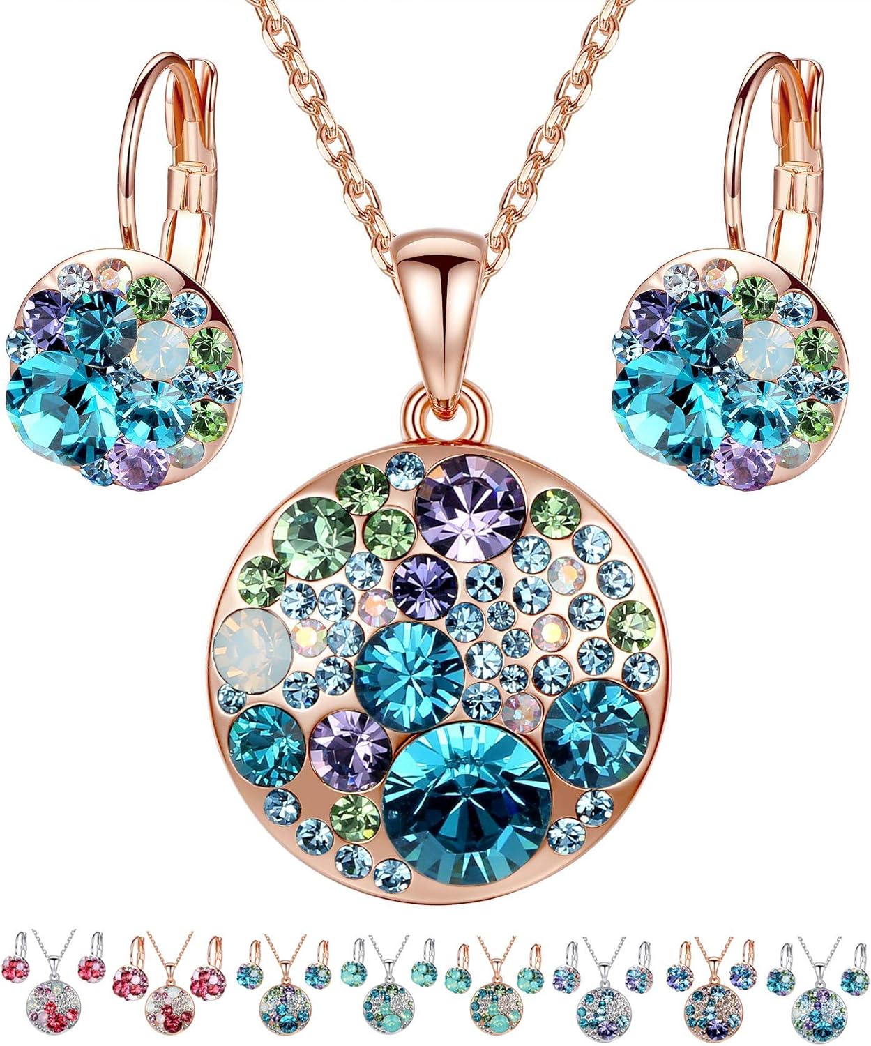 Leafael Ocean Bubble Women's Crystal Jewelry Set Costume Fashion Pendant Necklace Earring, Silver Tone or 18K Rose Gold Plated, 18" + 2", Birthday Gifts for Women