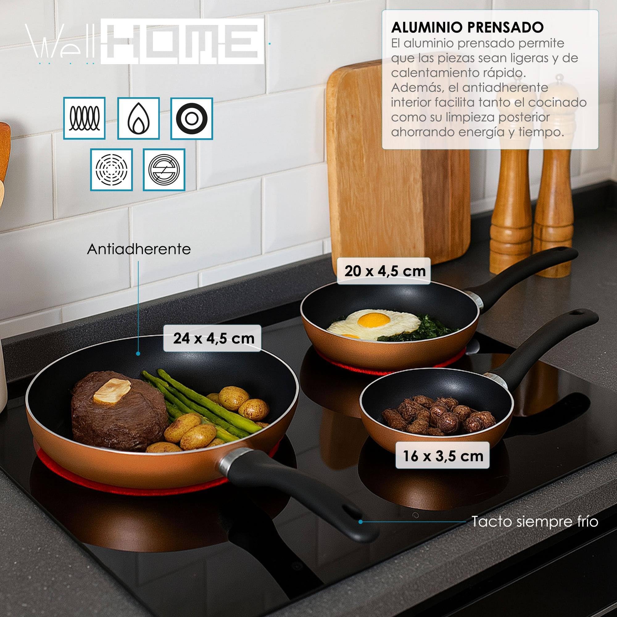 Well Home Pack Batería de cocina 7 Piezas en acero inoxidable + Sartenes Ø16Ø20Ø24Ø28cm Aluminio prensado Bronce metalizado