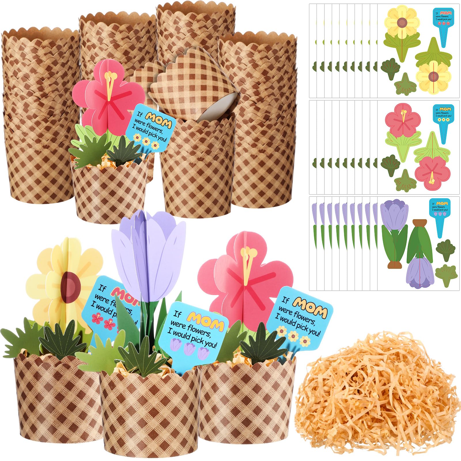 Motipuns 30 set per la festa della mamma, kit di artigianato con fiori, bouquet di fiori sfusi, con bicchieri di carta a quadri kraft, per festa della mamma, scuola, attività divertenti, fai da te