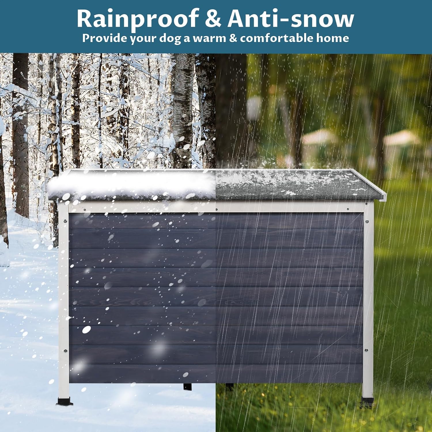 A4Pet Large Outdoor Dog House, Wooden Dog Shelter with Waterproof Asphalt Roof, Raised Floor and Removable Bottom Panel, Weather-Resistant Pet House for Medium and Large Dogs