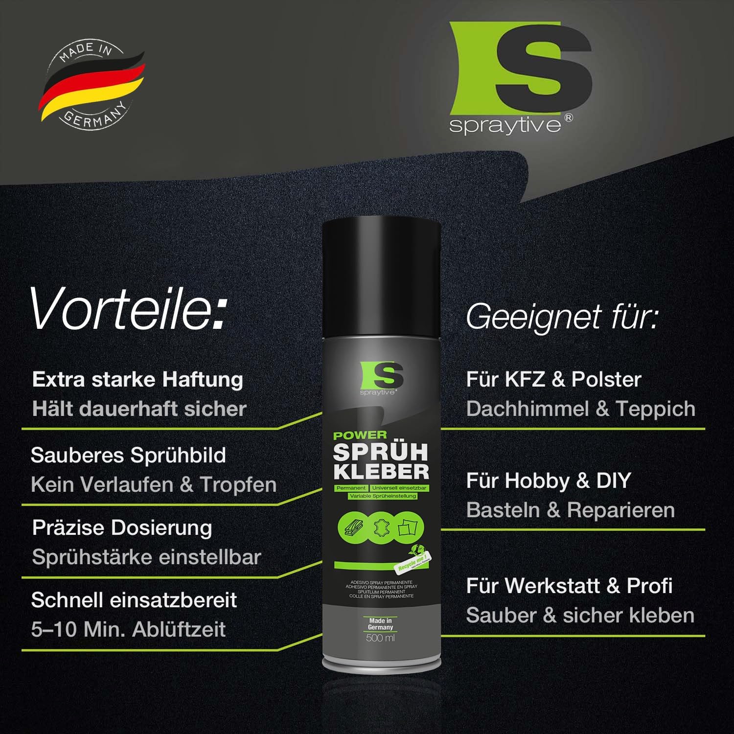 12 x 500 ml de colle en spray : pour textiles, non-tissés, mousse, cuir, ciel de toit, tapis, papier et plus Forte adhérence permanente avec réglage variable