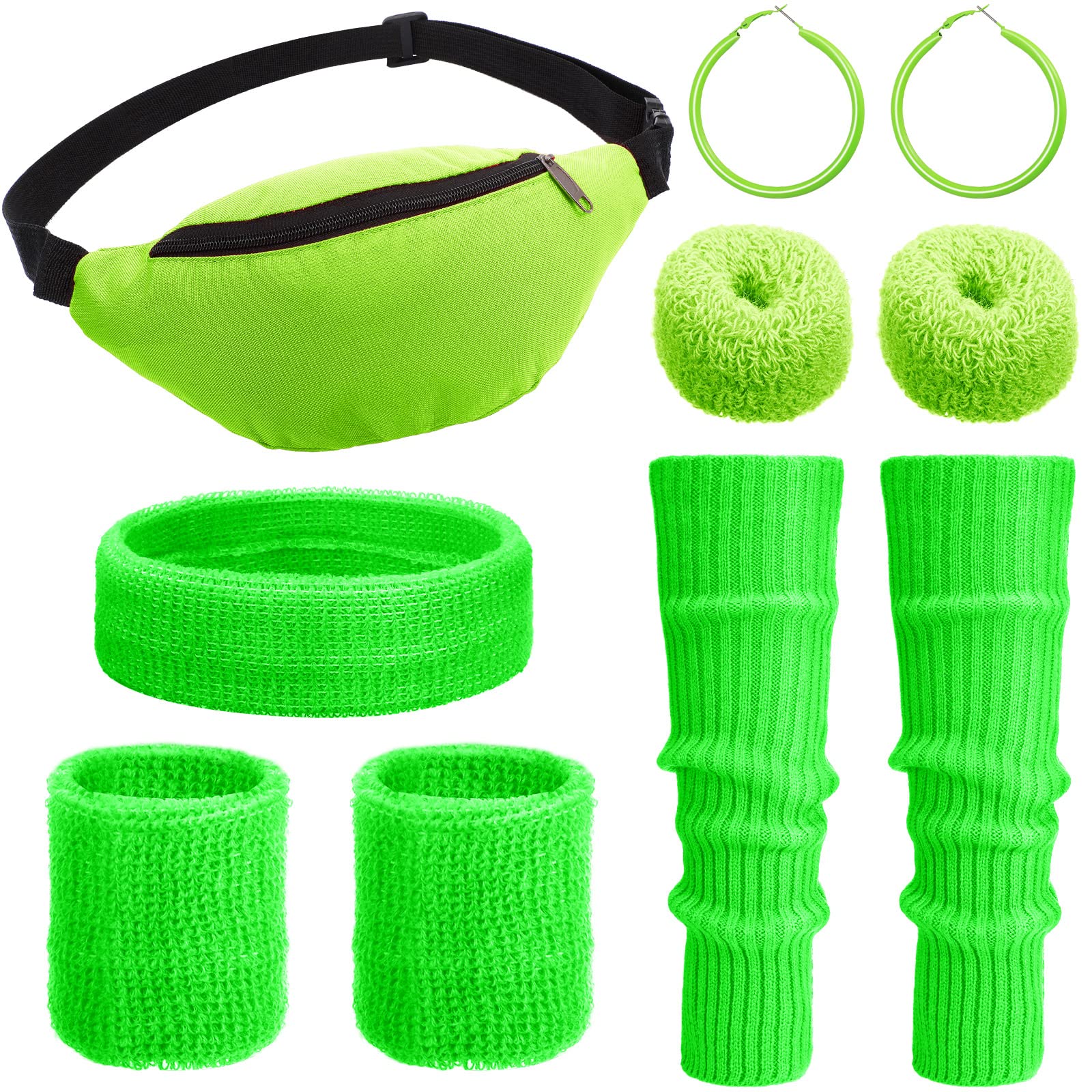 80s Women Neon Leg Warmers Headband Wristbands Earrings Hair Rings Fanny Pack Set Knit 80s Women Neon Accessories (Green)