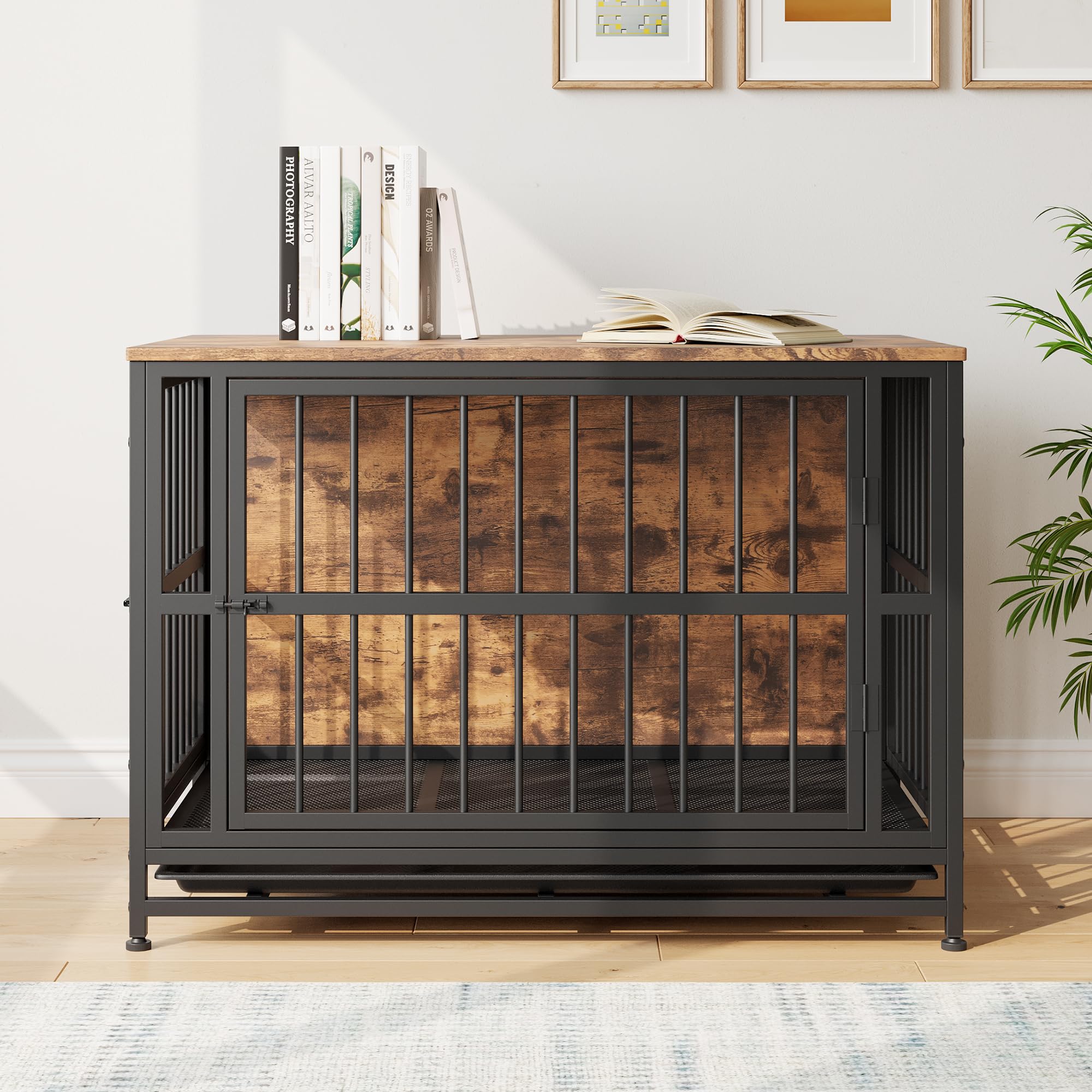 Jaula para perro, jaula para perros robusta para perros de grande/mediana talla, casa para perros con bandeja extraíble, jaula para mascotas con doble puerta, mesa auxiliar, resistente a
