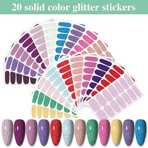 Miniatura 9 de 20 hojas de 440 calcomanías autoadhesivas de esmalte de uñas para mujeres y niñas, calcomanías de uñas degradadas con purpurina para uñas de gel