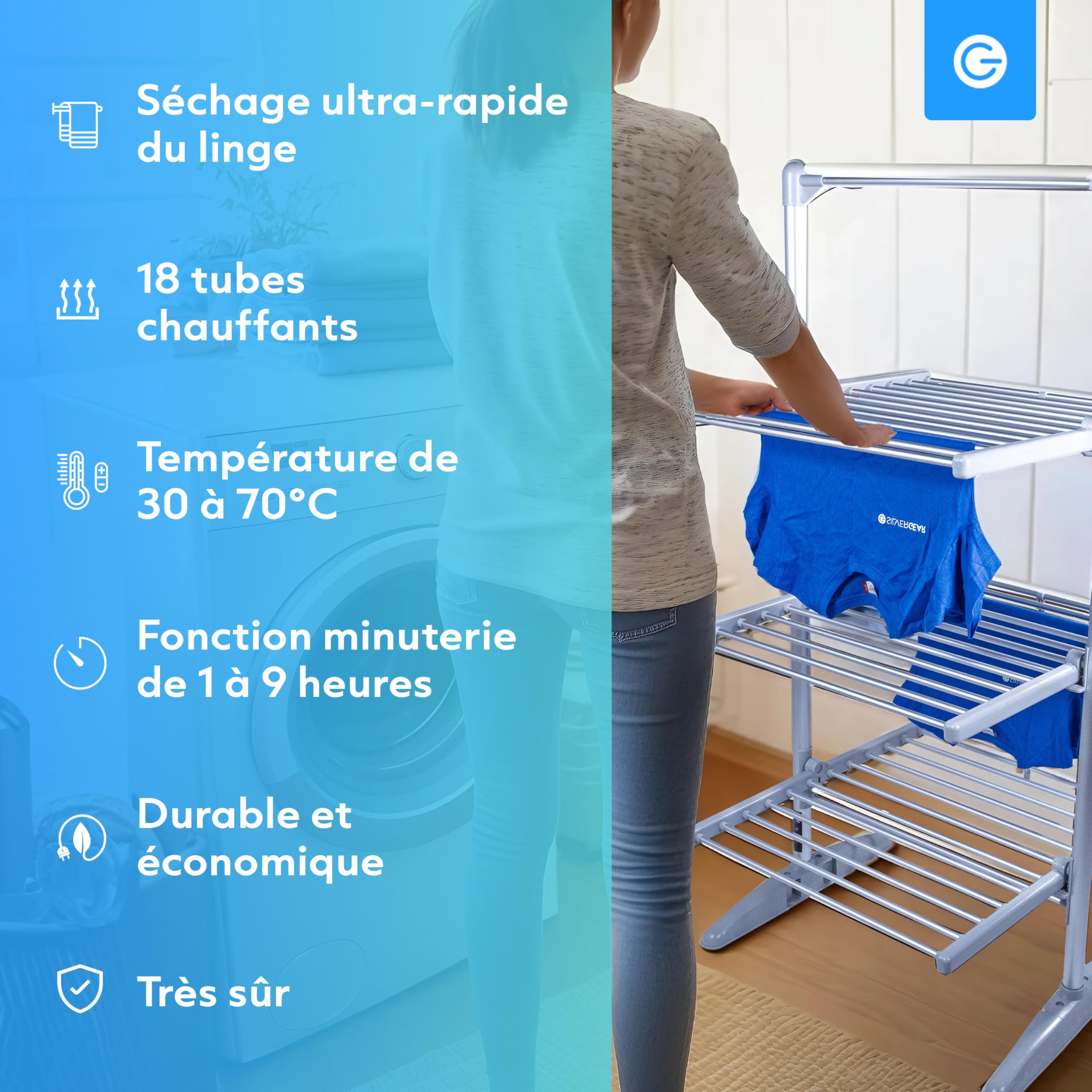 Silvergear® Séchoir à Linge Chauffant Intérieur Premium | 73x70x147cm