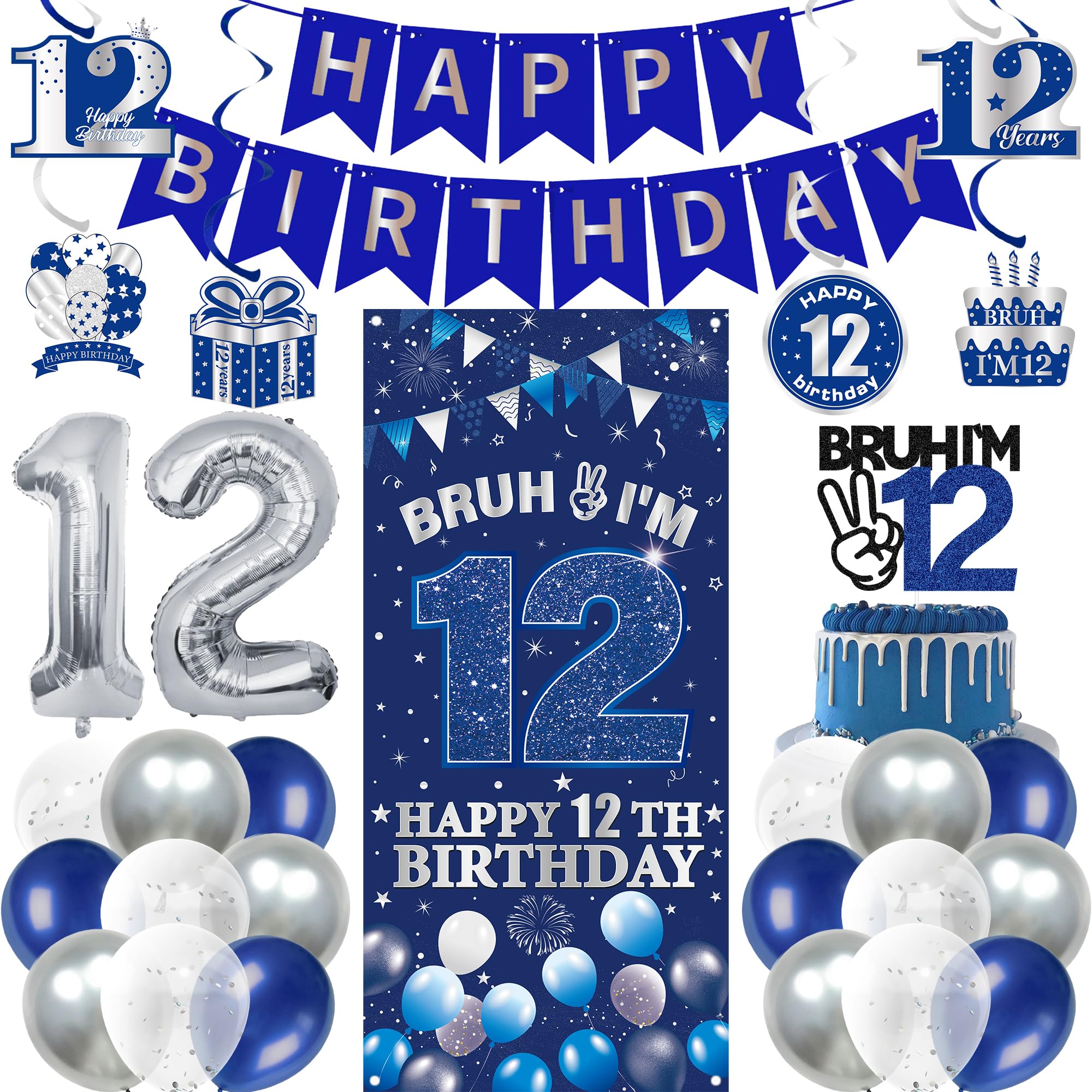 12th Birthday Decorations Banner Boys - 36 Pcs Blue Silver Banner Happy Birthday Backdrop Hanging Swirls Cake Topper Balloons for Boy 12 Year Old Party Decor Supplies