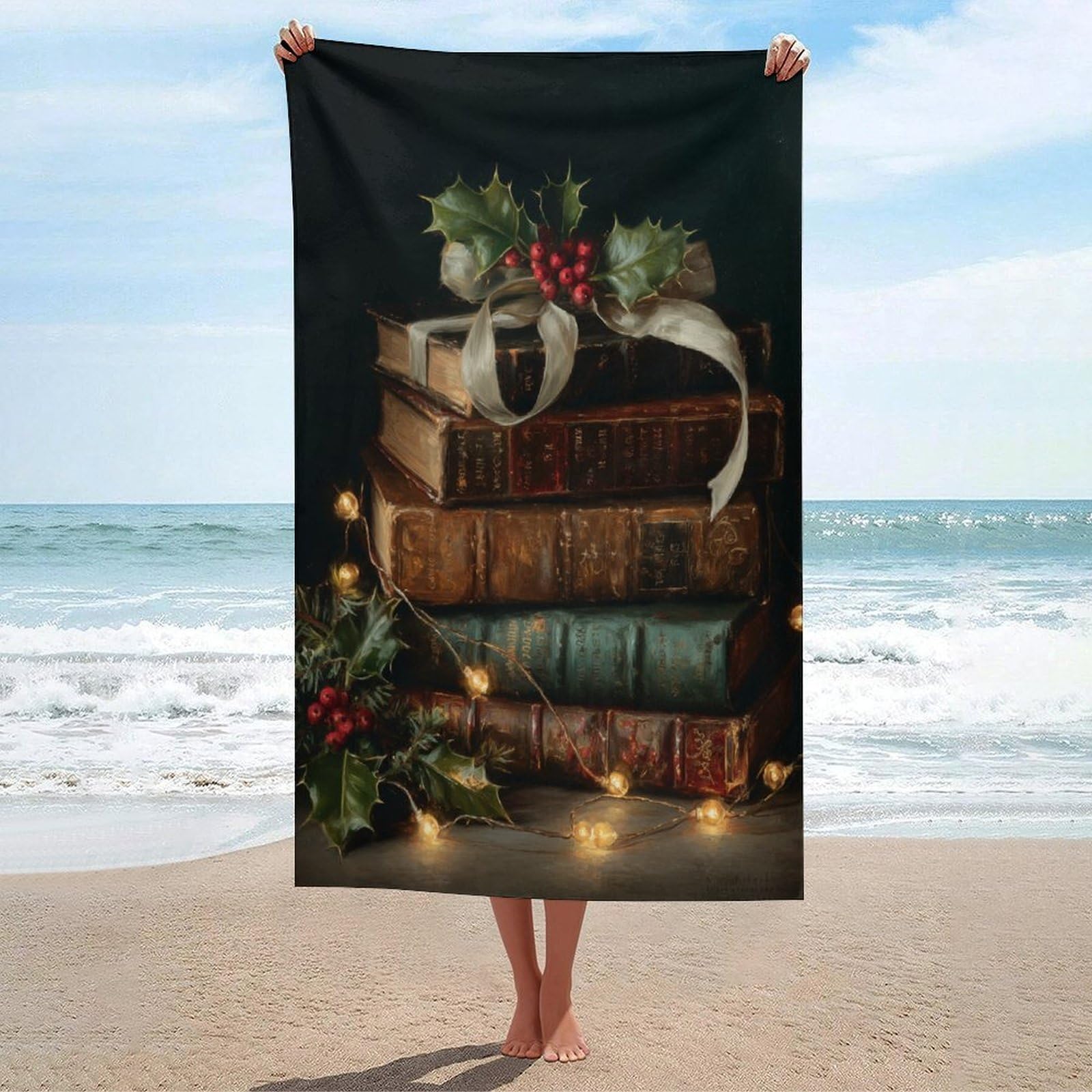 LSRCPD Antique with Holly Berries Christmas Beach Towel Sand Free Microfiber Large Shower Towels Multipurpose Absorbent for Bathroom Pool 130x80 CM