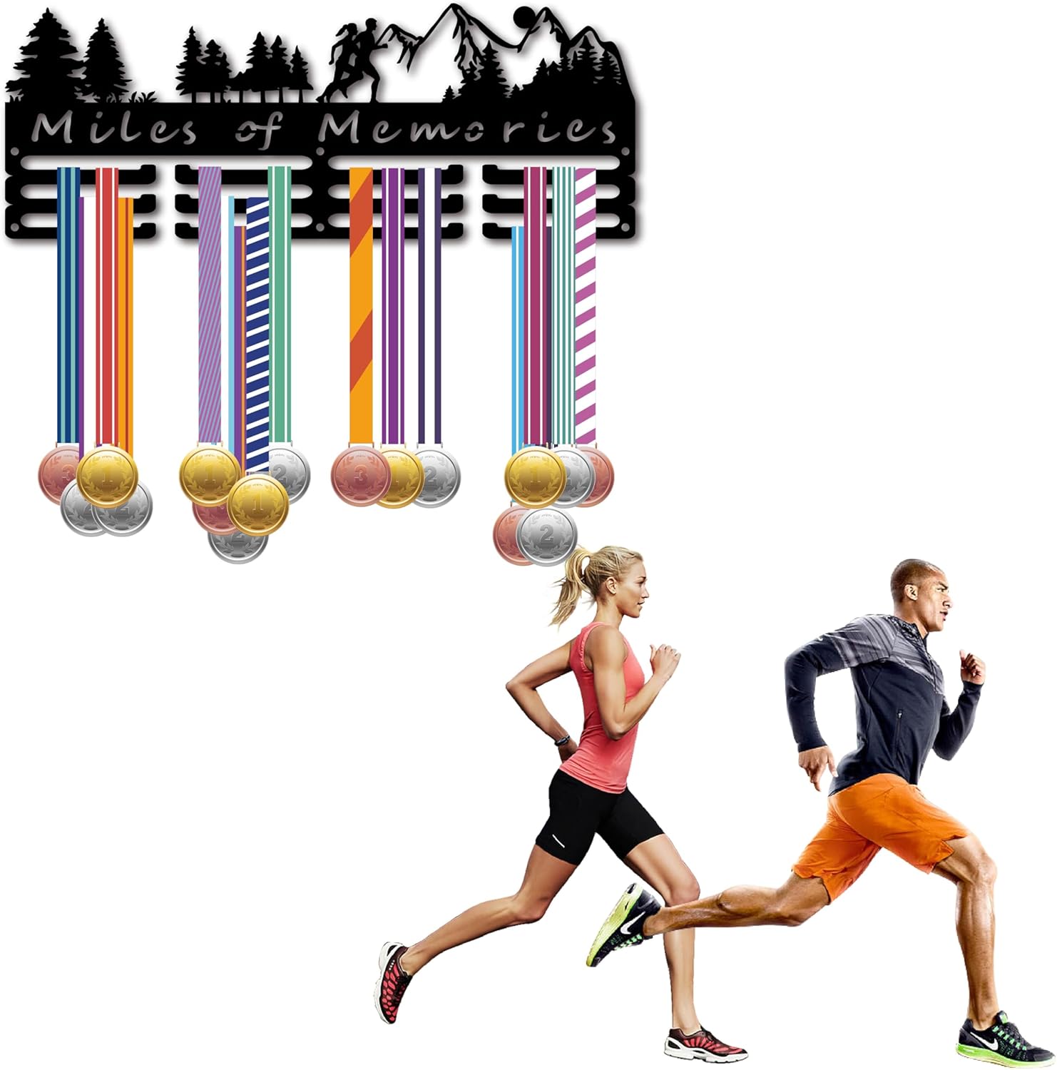 CREATCABIN Medal Hangers Display Holder Rack Sports Metal Hanging Athlete Awards Iron Wall Mount Decor for Over 60  Medals - Running, Marathon, Football - Black - 15.7x5.9 Inch - Miles of Memories