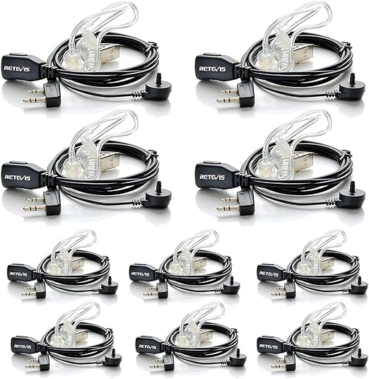 Case of 10, Retevis Walkie Talkies Earpiece with Mic 2 Pin Acoustic Tube Headset, for RT22 RT21 RT68 H777, Compatible with Pxton Baofeng BF-888S BF-T26 Kenwood walkie talkie, Two Way Radio Earpiece