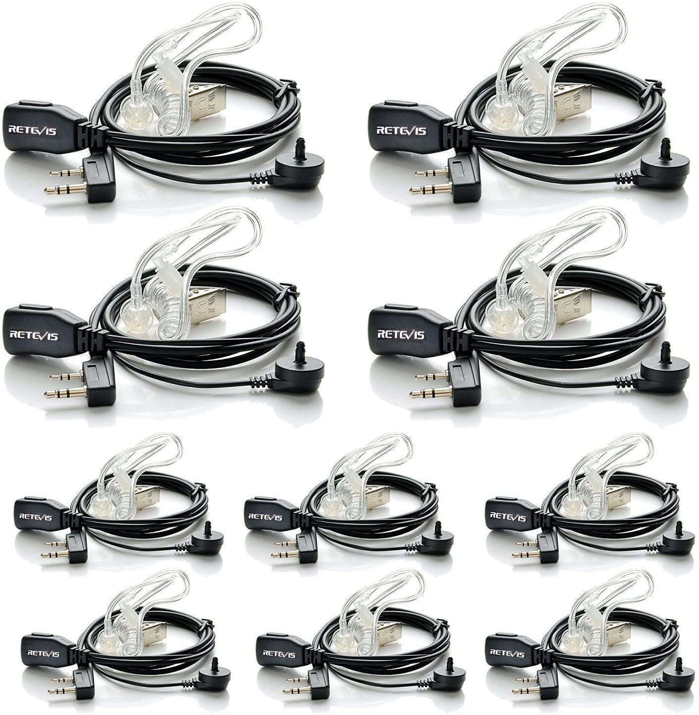 Case of 10, Retevis Walkie Talkies Earpiece with Mic 2 Pin Acoustic Tube Headset, for RT22 RT21 RT68 H777, Compatible with Pxton Baofeng BF-888S BF-T26 Kenwood walkie talkie, Two Way Radio Earpiece