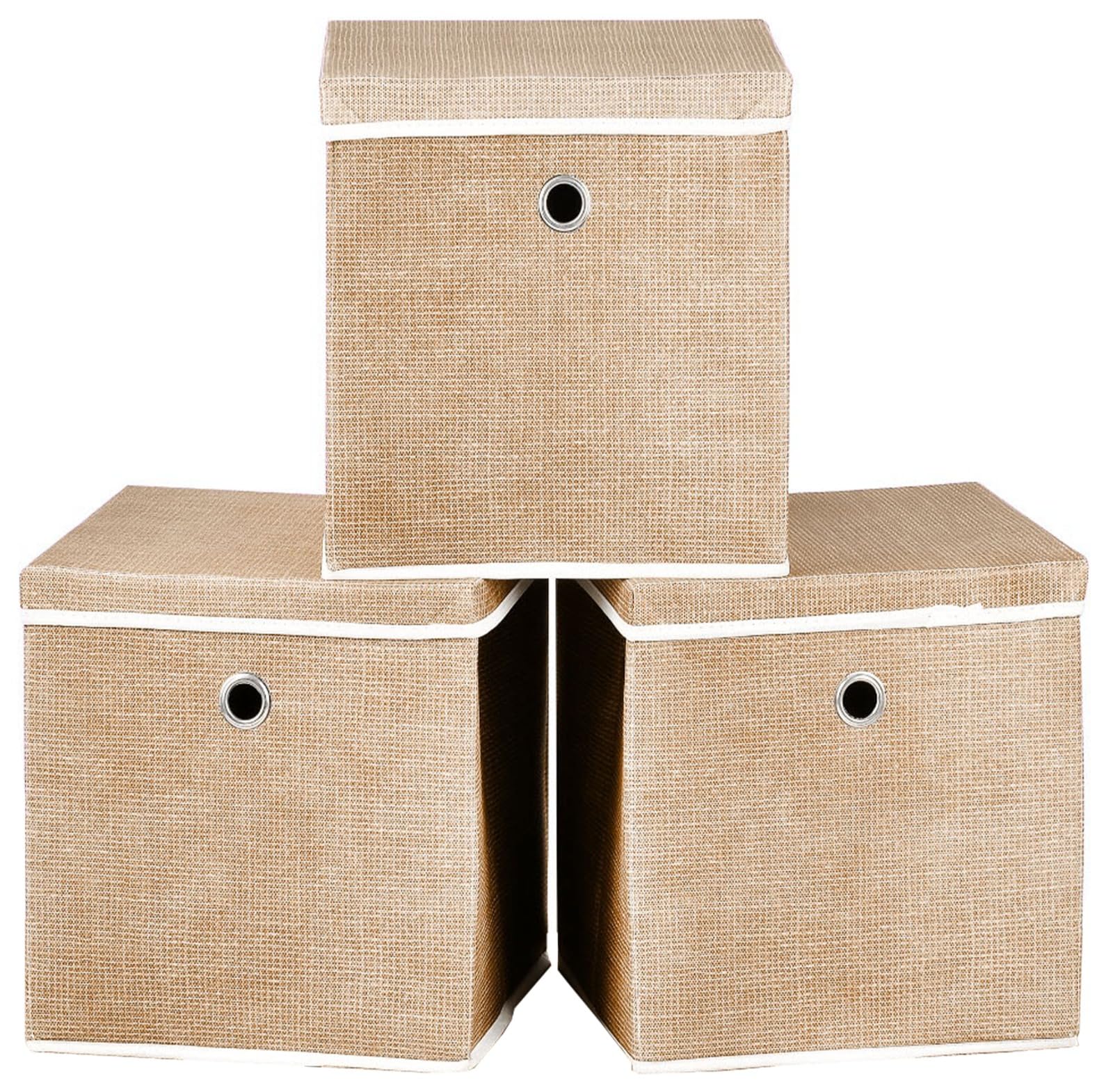 A406 Foldable Storage Cube Boxes Set of 3 Fabric Storage Boxes with Lids, Space Saving Fabric Cube Storage Boxes for Clothes, Toys, Storage Organiser (Beige, 25x25x25cm)