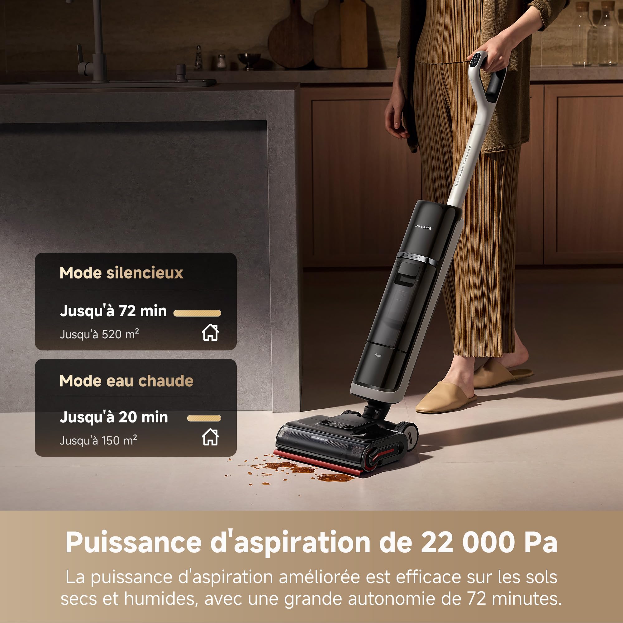 DREAME H15 Pro Heat Aspirateur Laveur, Nettoyage des sols à 85°C, bras robotisé IA GapFree, capteur RVB intelligent, 22 000Pa, 0 nœuds, lavage brosse à 100°C,séchage en 5 min à 90°C,contrôle par appli