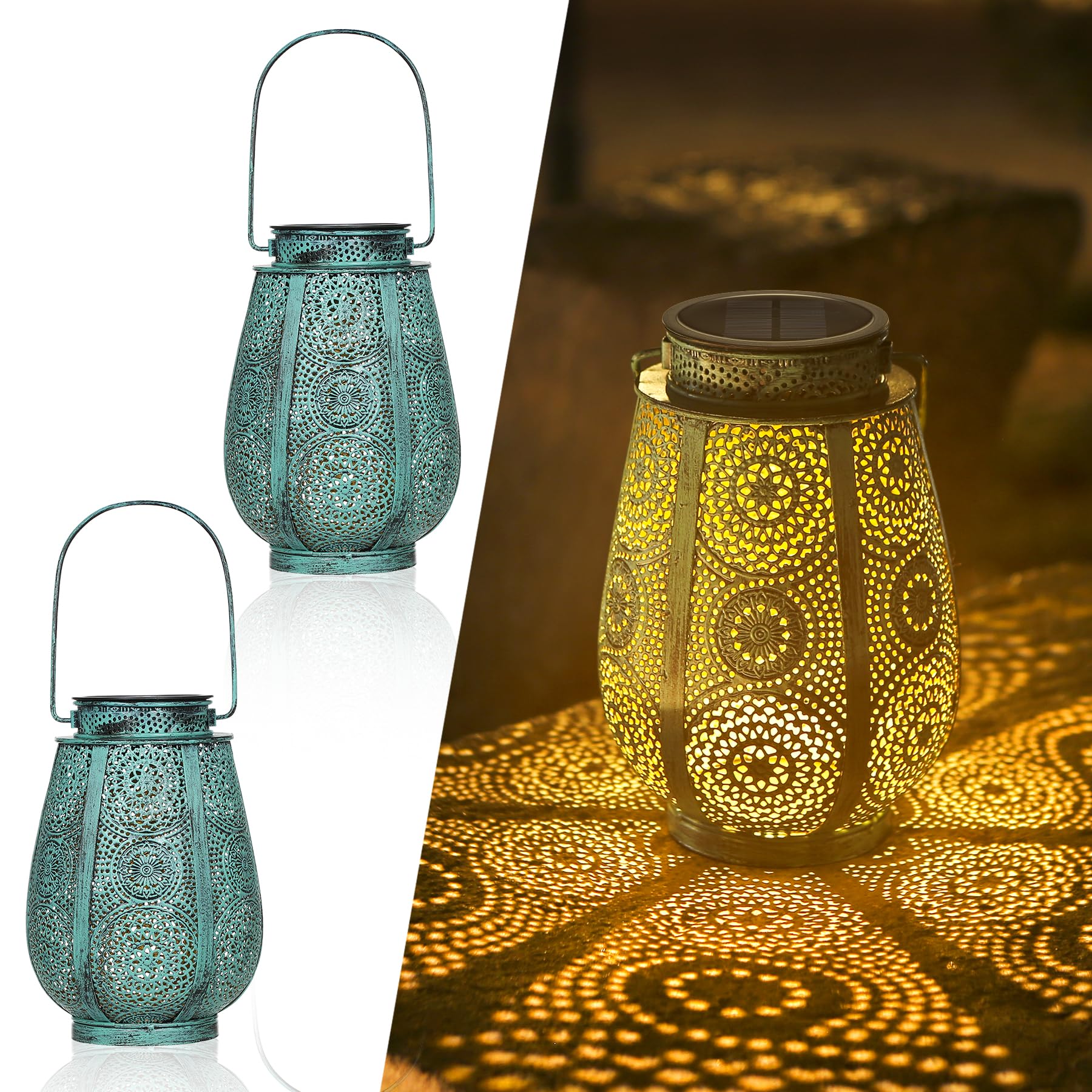 Solarlaterne für Außen 2 Stück, Bonsery LED Solarlampen für außen Hängend IP65 Wasserdicht, Vintage Metall Solar Laterne für Draußen Deko Terrasse Balkon Hof Outdoor Solarleuchte 15Lm (Türkis)