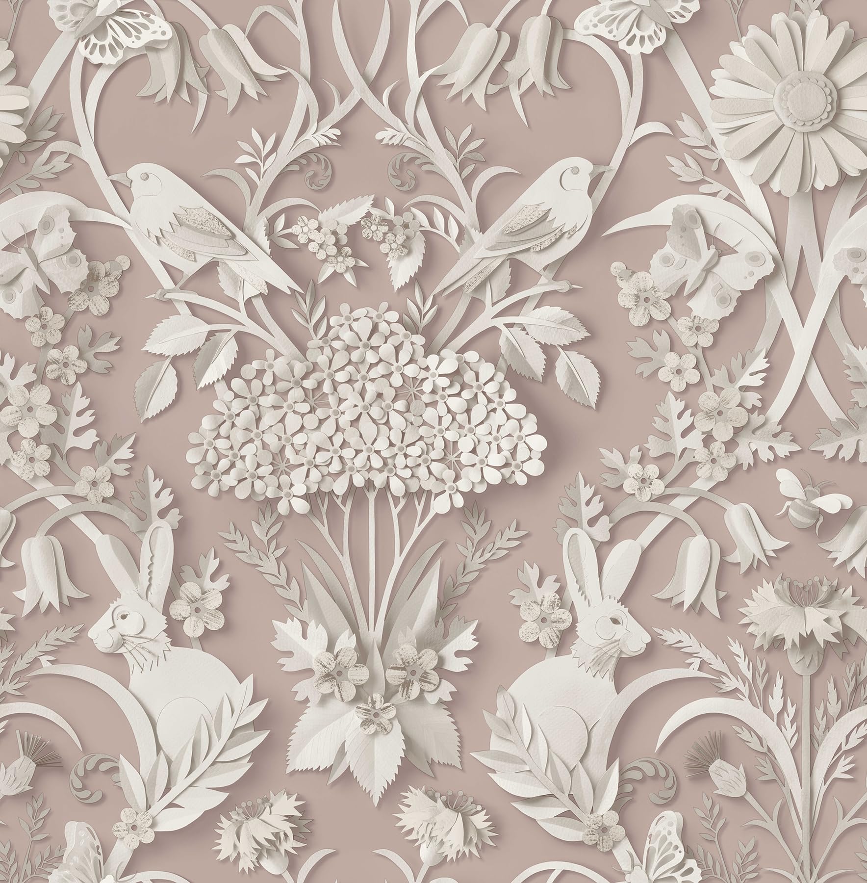 Fine Decor Dimensions Woodland 3D Effect Design Cute Animals, Rabbits, Bees, Birds and Leafs in a Soft Light and Pink Tone Wallpaper Perfect for Nursery, Kids Bedroom and Feature Walls (FD43607)