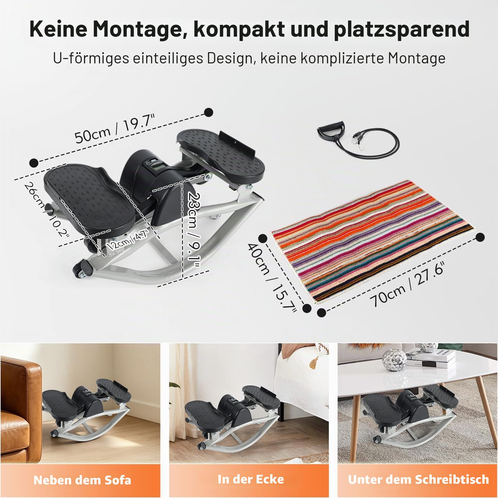 Mini Stepper für Zuhause, 2 in 1 Swing Stepper mit Zähler, Bändern & Matte | Swing Stepper mit Widerstandsbändern und 70×40 cm Antirutschmatte, leises Ganzkörpertraining für Beine, Hüfte, Arme und Rumpf