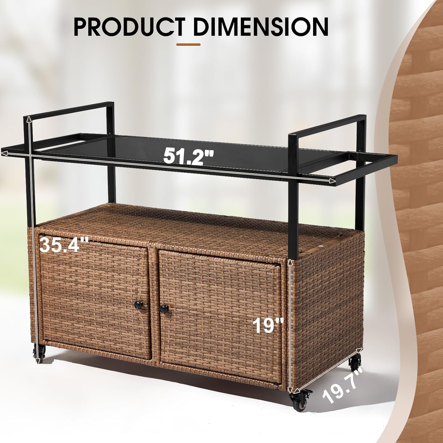 Outvita Patio Bar Table, Weatherproof Buffet Cabinet Wicker Outdoor Storage Cart with 2 Doors & Shelves Glass Tabletop for Tableware Wine Bottle and Glass, Towels, and Potting Supplies