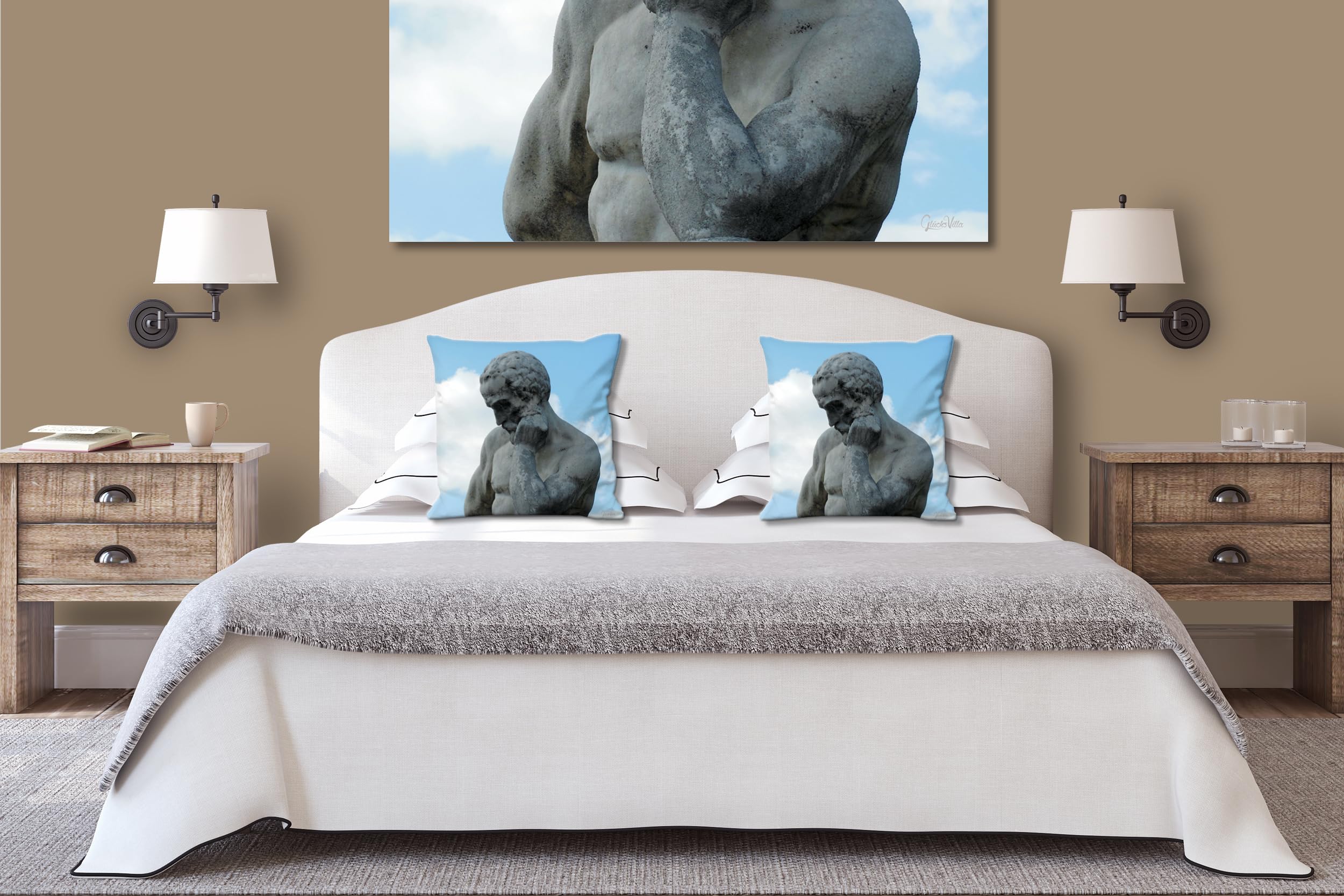 Denk nach! - Foto-Kissen-Hülle Set (2 STK.) 40 x 40 cm | Kissen-Bezüge - passend zu Wandbild - Deko-Kissen - Paris Stutue Denker Steinfigur Kunst