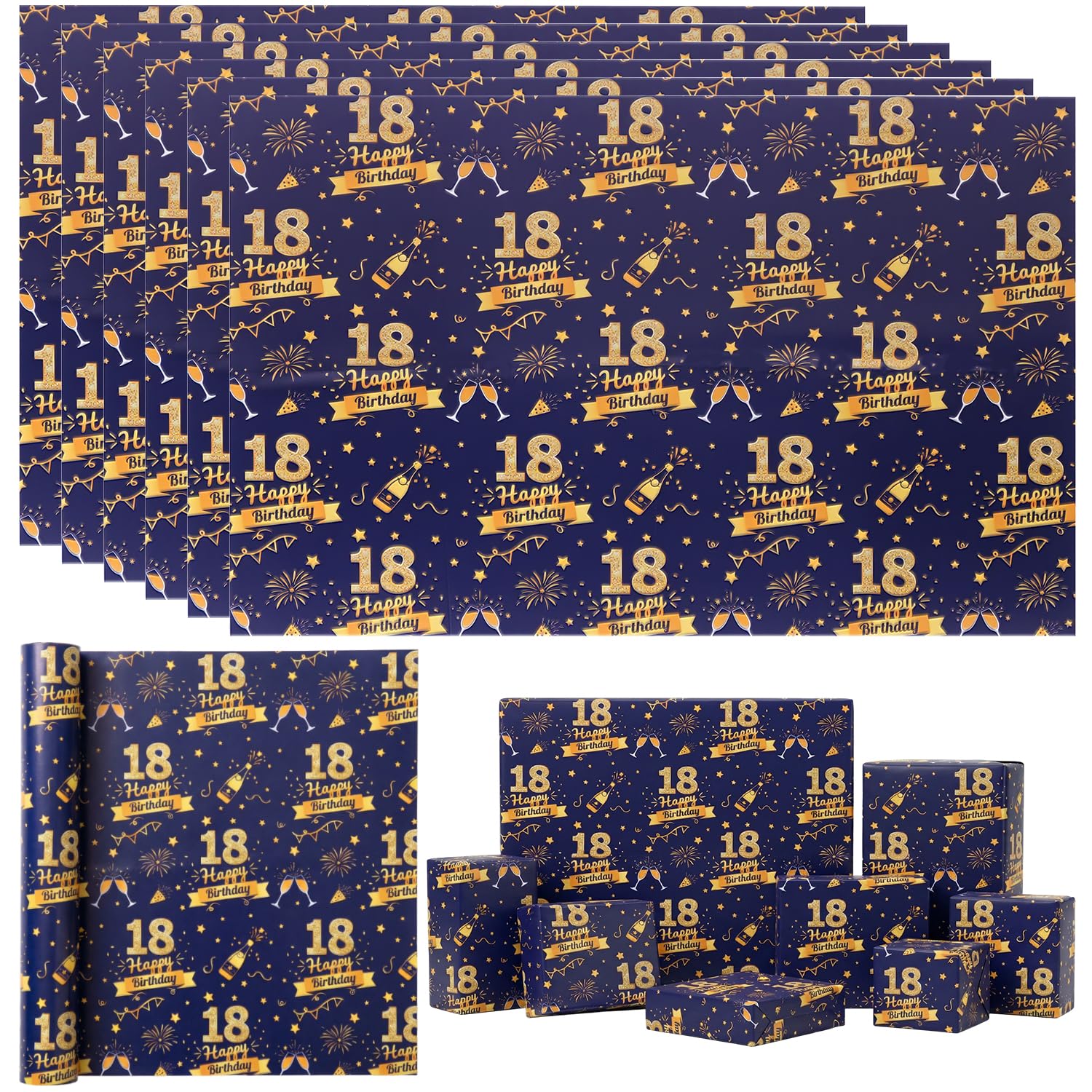 MOTIBACK 18th Birthday Wrapping Paper, 6 Sheets Navy Blue Gift Wrap Paper with Gold Star Firework Pattern, Happy Birthday Wrapping Paper for 18 Year Old Gifts