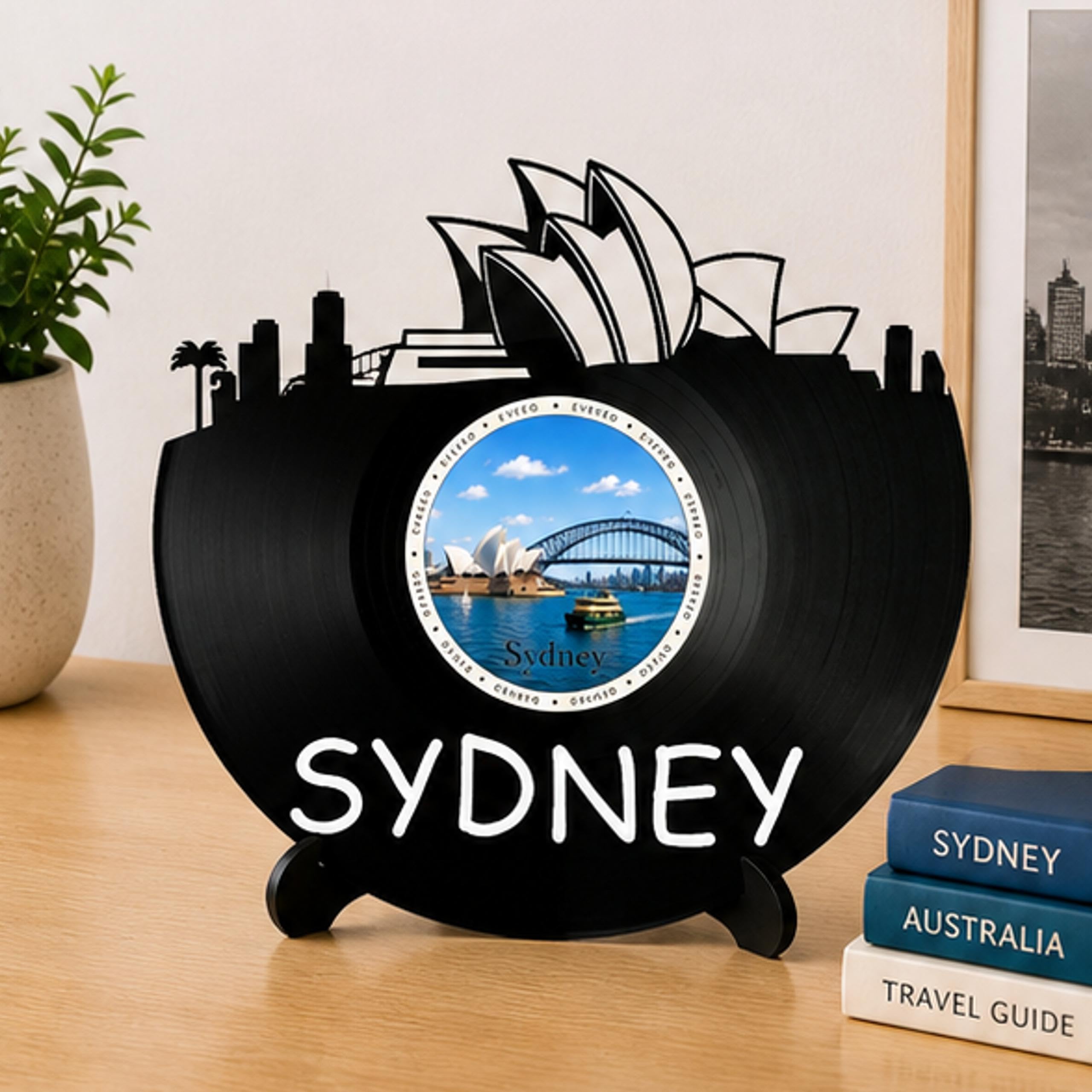 EVEVO D0029 - Decorazione da parete a forma di disco di Sydney, in vinile, motivo skyline australiano, idea regalo per i globuristi e i fan dell'opera