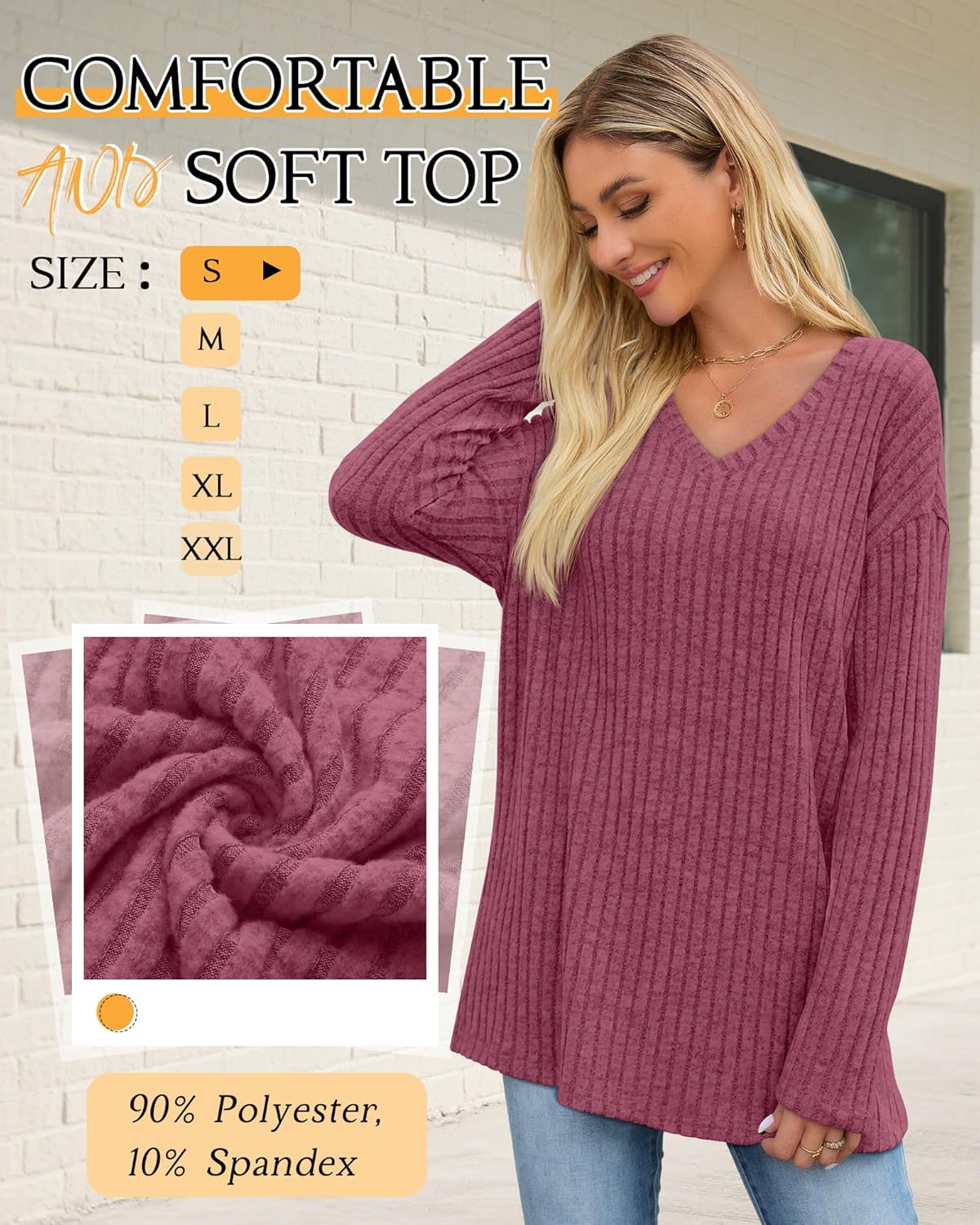 3 Pack Women's Casual Lightweight Sweaters Long Sleeve Knitted Tops V Neck Ribbed Tops Loose Pullover Tees - Image 4