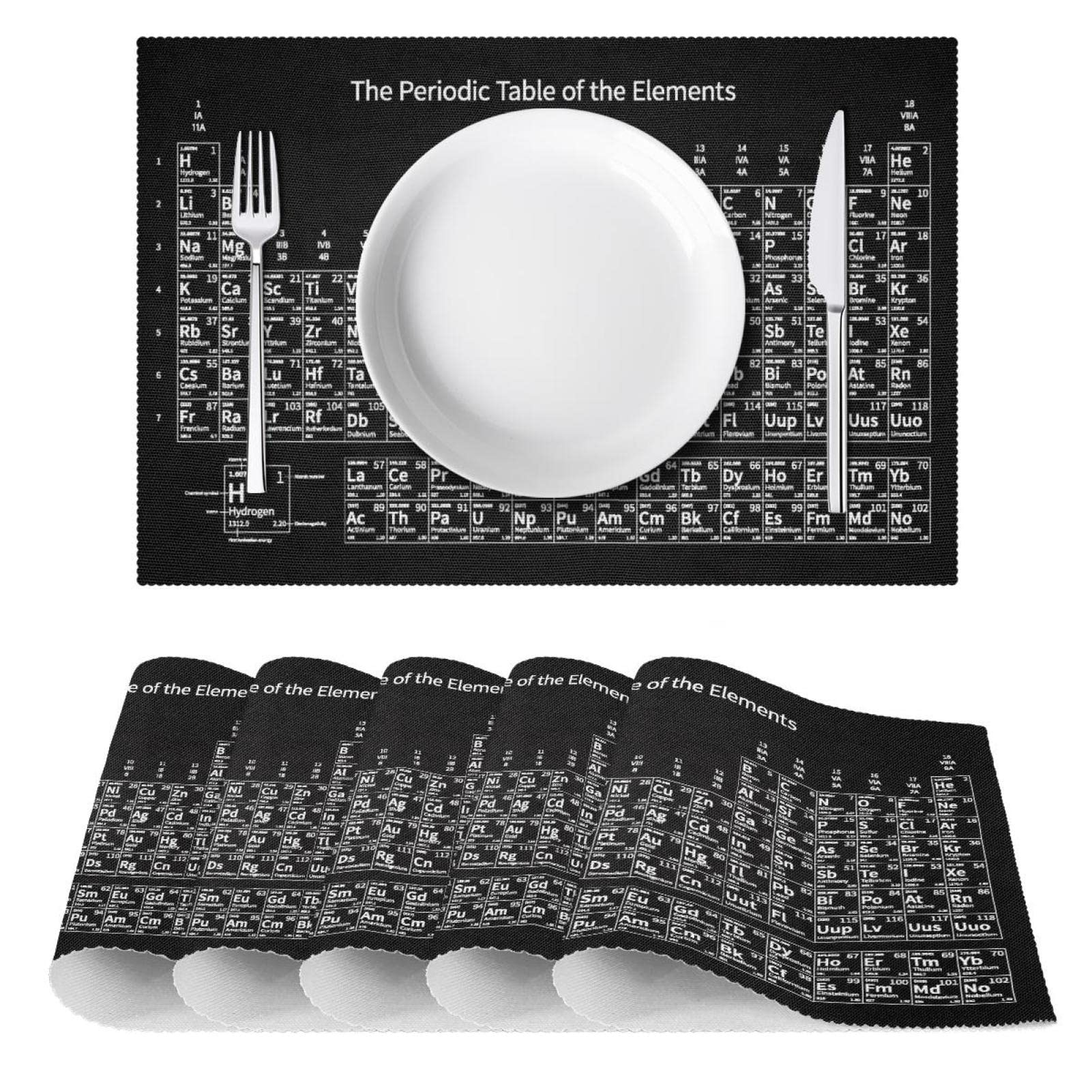 Tavola periodica degli elementi, set di 6 tovagliette all'americana, lavabili, antiscivolo, isolamento termico, per cucina, sala da pranzo, 45 x 30 cm