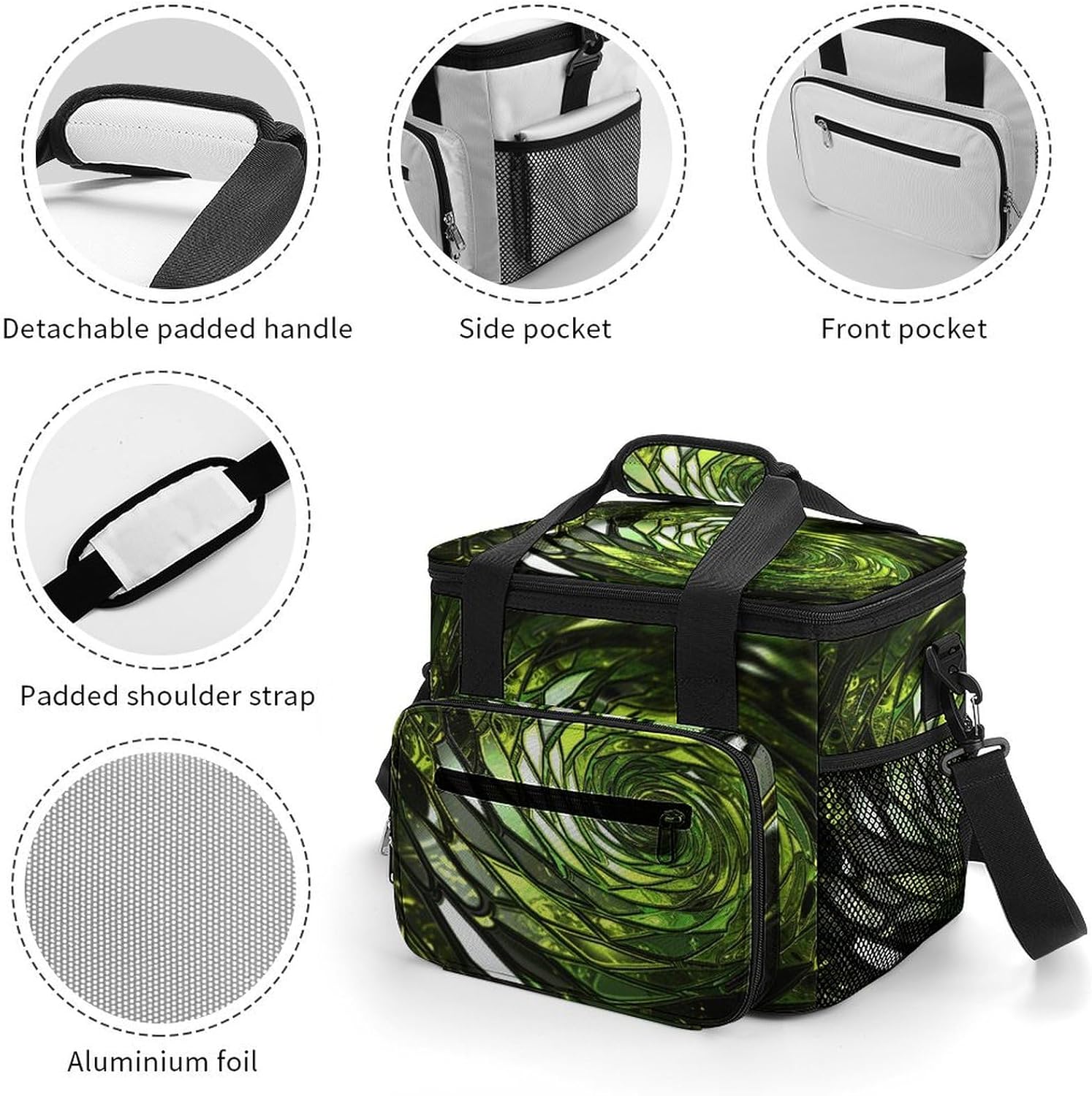Camping Ice Pack, Abstract Green Snake Print Cooler Bag, 22.5L Large Capacity Insulated Lunch Tote Bag for Outdoor, Picnic, BBQ, Travel, Work