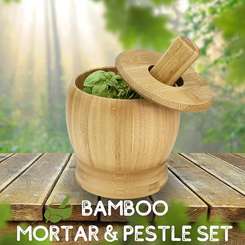 Miniatura 2 de Flexzion Juego de mortero y maja de madera de 5 pulgadas, juego de tazón y molinillo de bambú de 5 pulgadas, molcajete de madera con tapa y cuchara