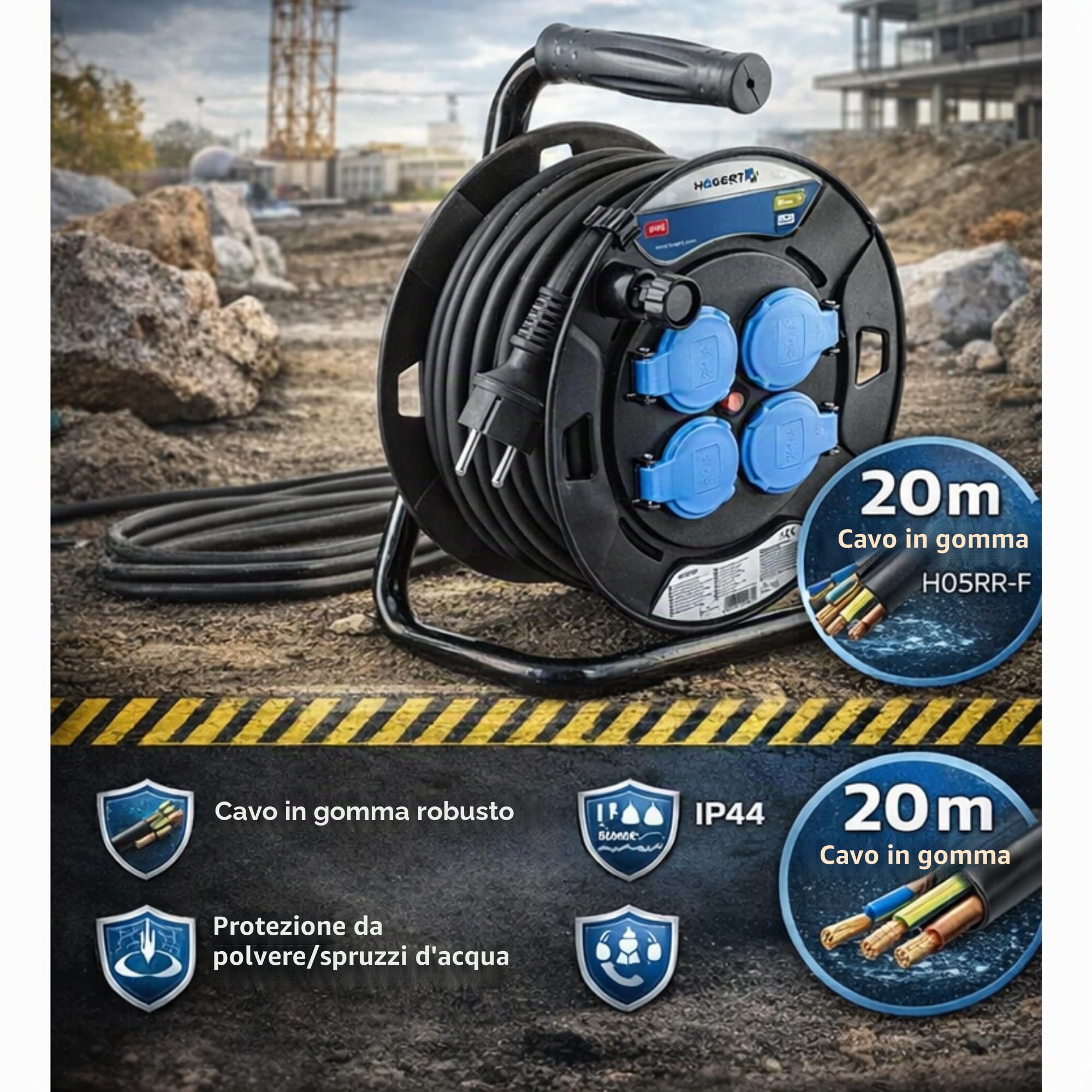 Högert Technik Avvolgicavo Elettrico Prolunga con isolamento in gomma, 20 m HT1E720
