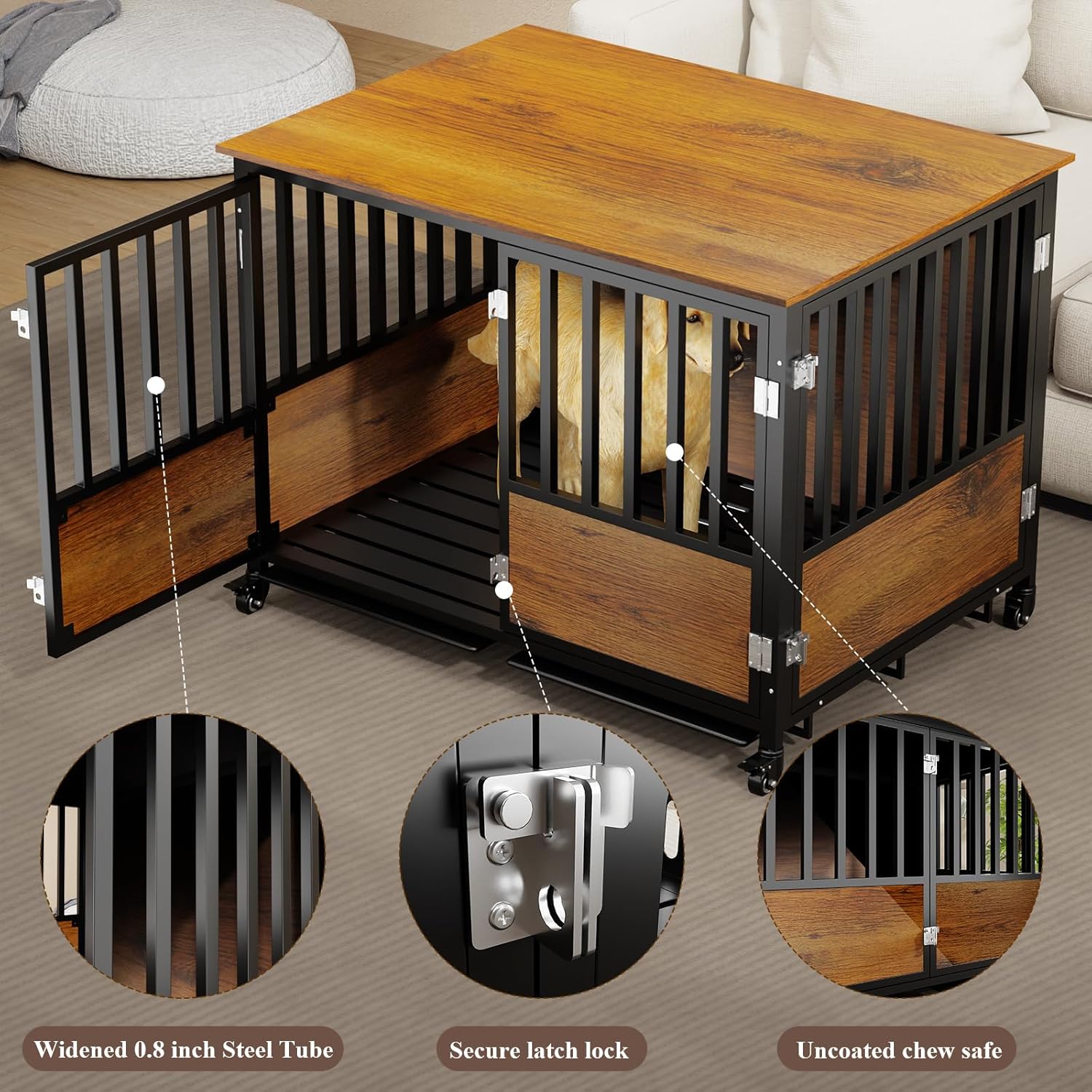 Close-up view of the Rovibek dog crate's construction details, showing widened steel tubes, a secure latch lock, and uncoated chew-safe bars.
