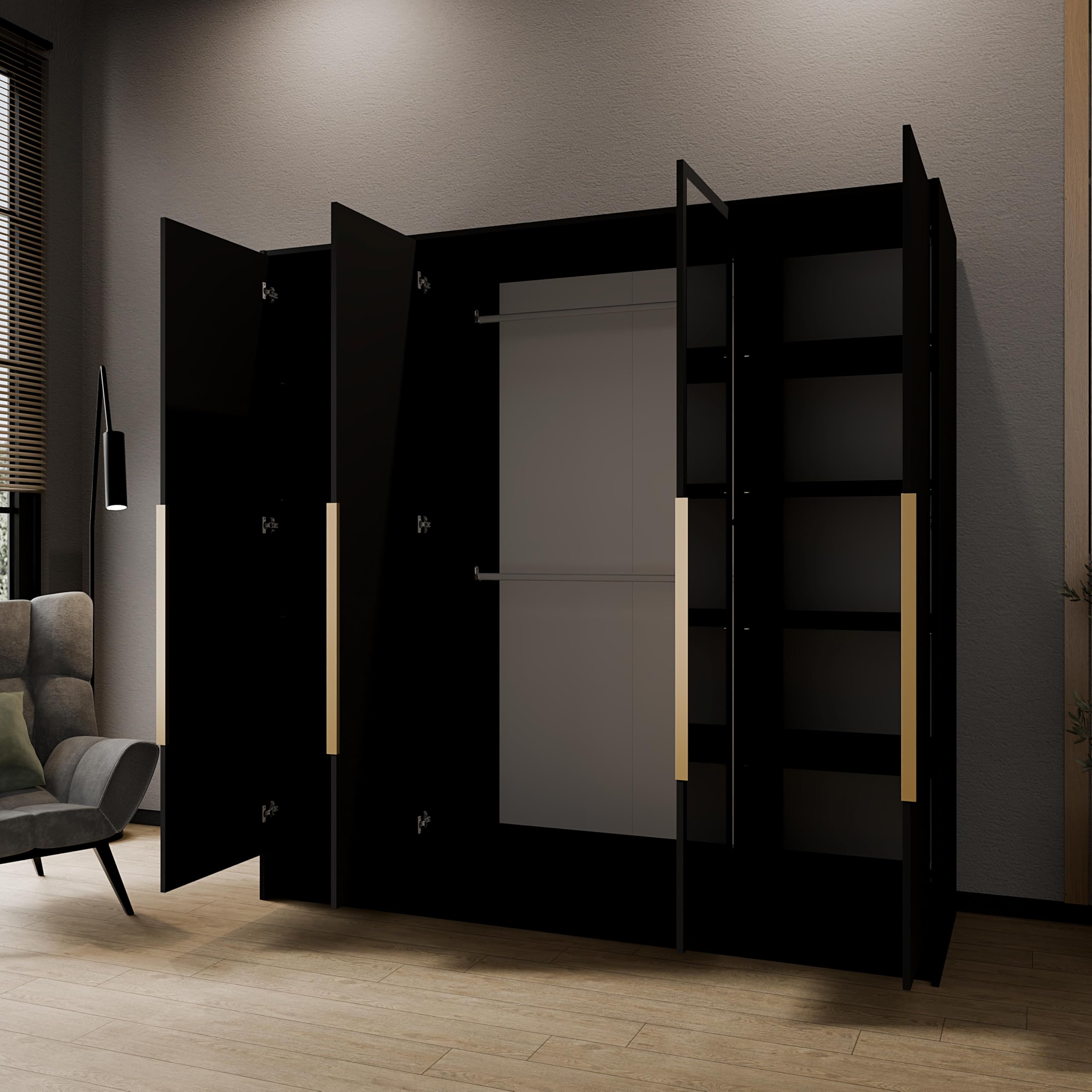 Drehtürenschrank Goya Kleiderschrank, Spiegel, Griffen, Push-to-Open Tip-ON, großer Stauraum, Regale, Glatte Türen (schwarz, goldene Griffe, mit Spiegel, 200 cm)