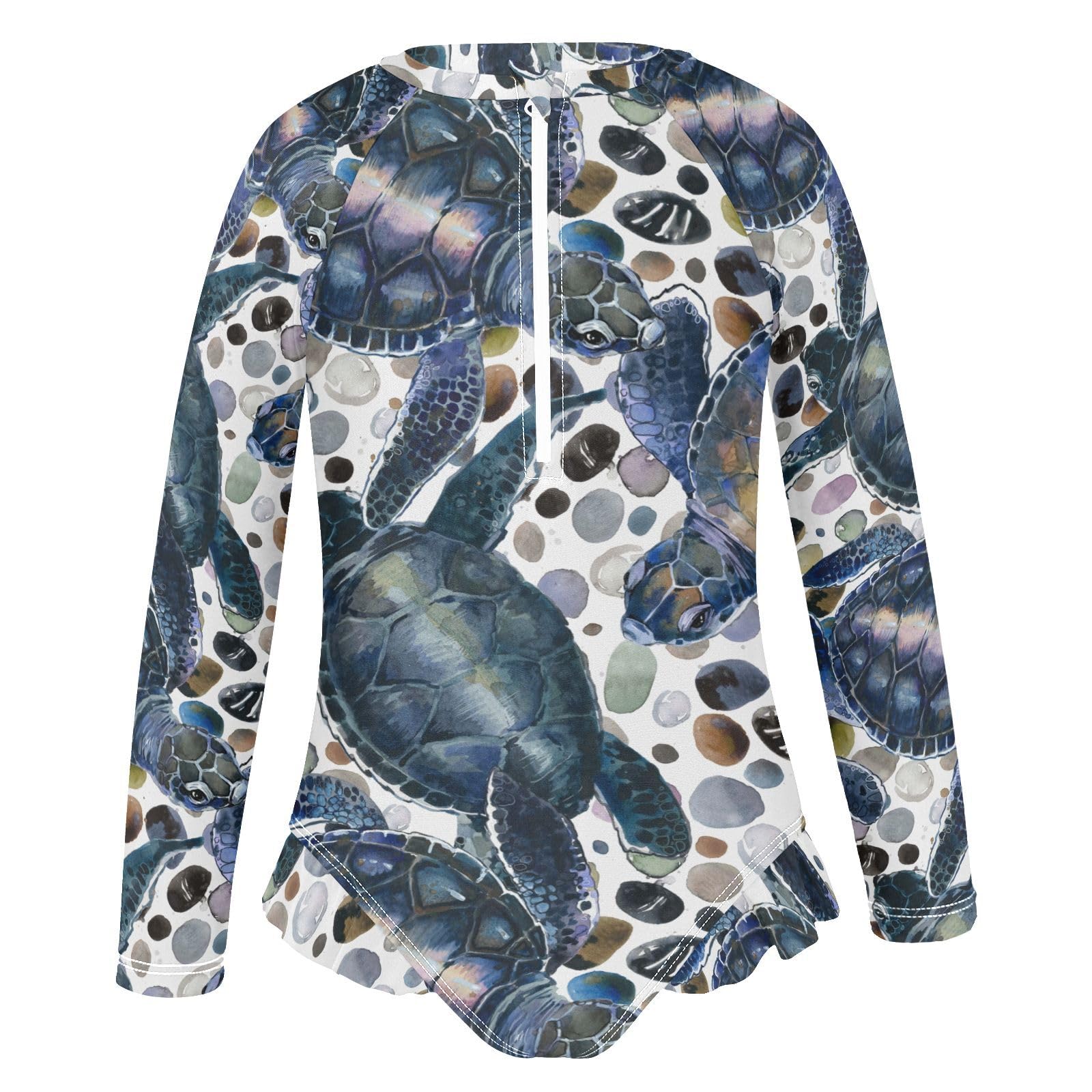 Ollabaky Baby Girls Long Sleeve Swimsuit Sea Turtle Watercolor Sea Animal One Piece Bathing Suit Rash Guard UPF50+ Toddler Girl Swimwear, 5-6T