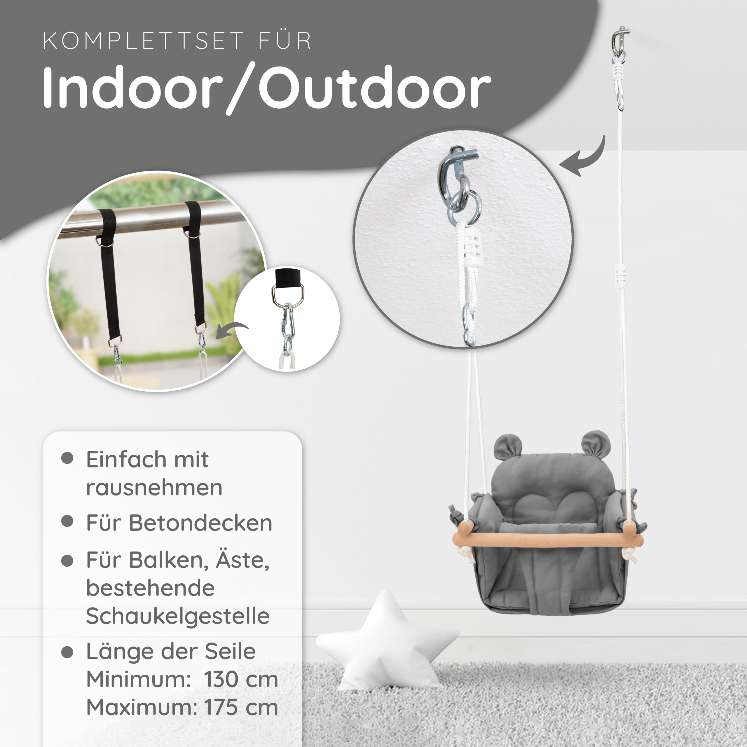 AMAZINGs Baby und Kinderschaukel | Mitwachsende Babyschaukel. Komplettset mit Aufhängung für Indoor und Outdoor | 3 in 1 Gurtsystem. Für Babys und Kinder ab 7 Monate bis 3 Jahre - Grau