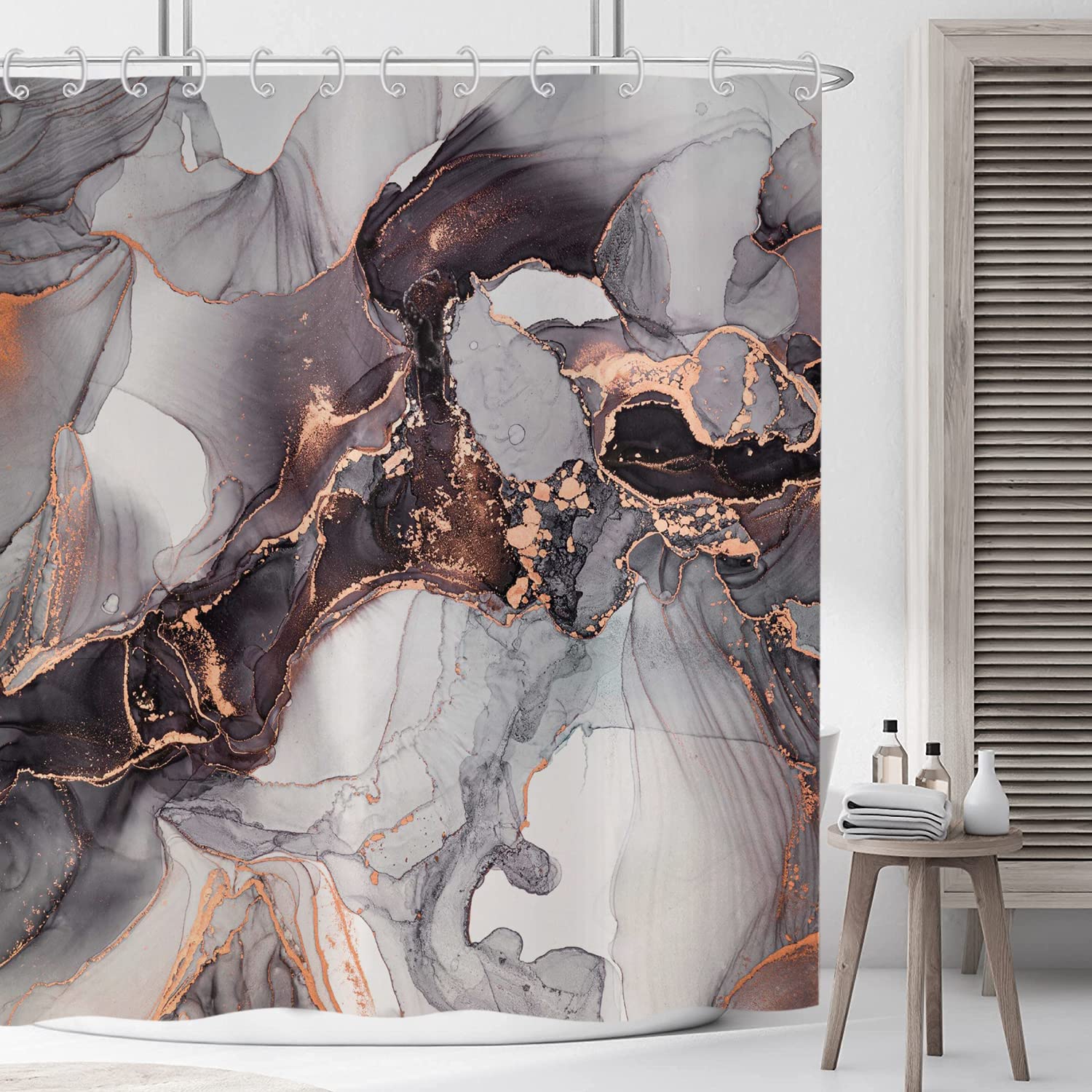 ASDCXZ Marble Shower Curtain Black Gold 120x180 cm, Modern Abstract Grey Black Gold Marble Optic Texture Washable Shower Curtains Polyester Textile Waterproof Shower Curtain for Bathtub with 8 Hooks โ image 1