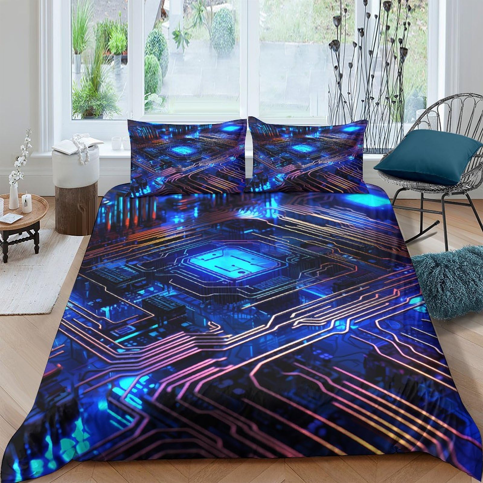 TUFRTGYHN 3D Printed Circuit Board Pattern Duvet Cover Microfiber Soft Breathable Neon Glow Bedding Set with 2 Pillowcases for Bedroom Decor Single（135x200cm）