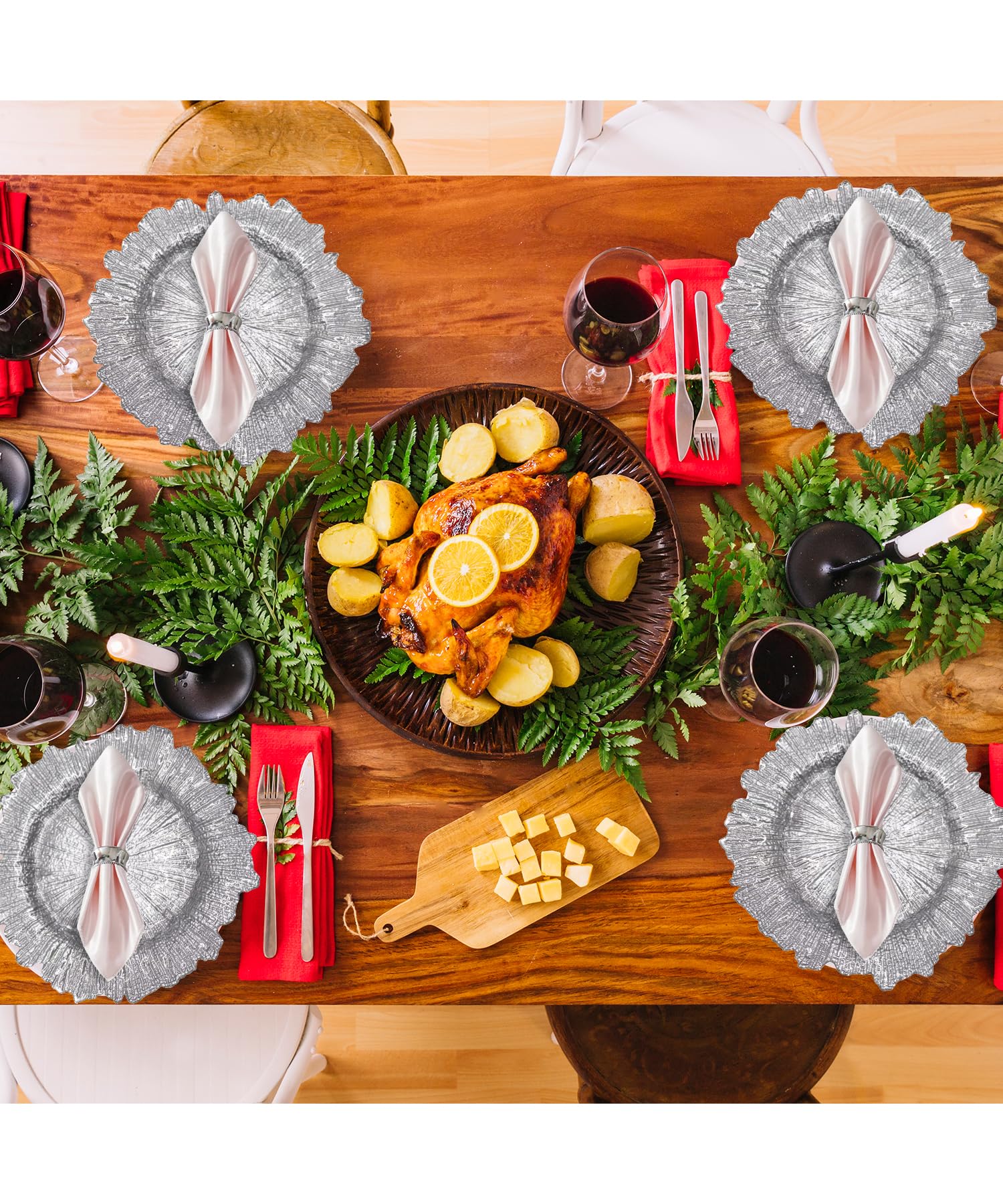 Juego de platos de cristal rosa plateado con diseño vintage y servilleteros martillados, elegantes cargadores de cena de 33 cm para bodas, cenas, cumpleaños, fiestas y eventos especiales, 6 piezas