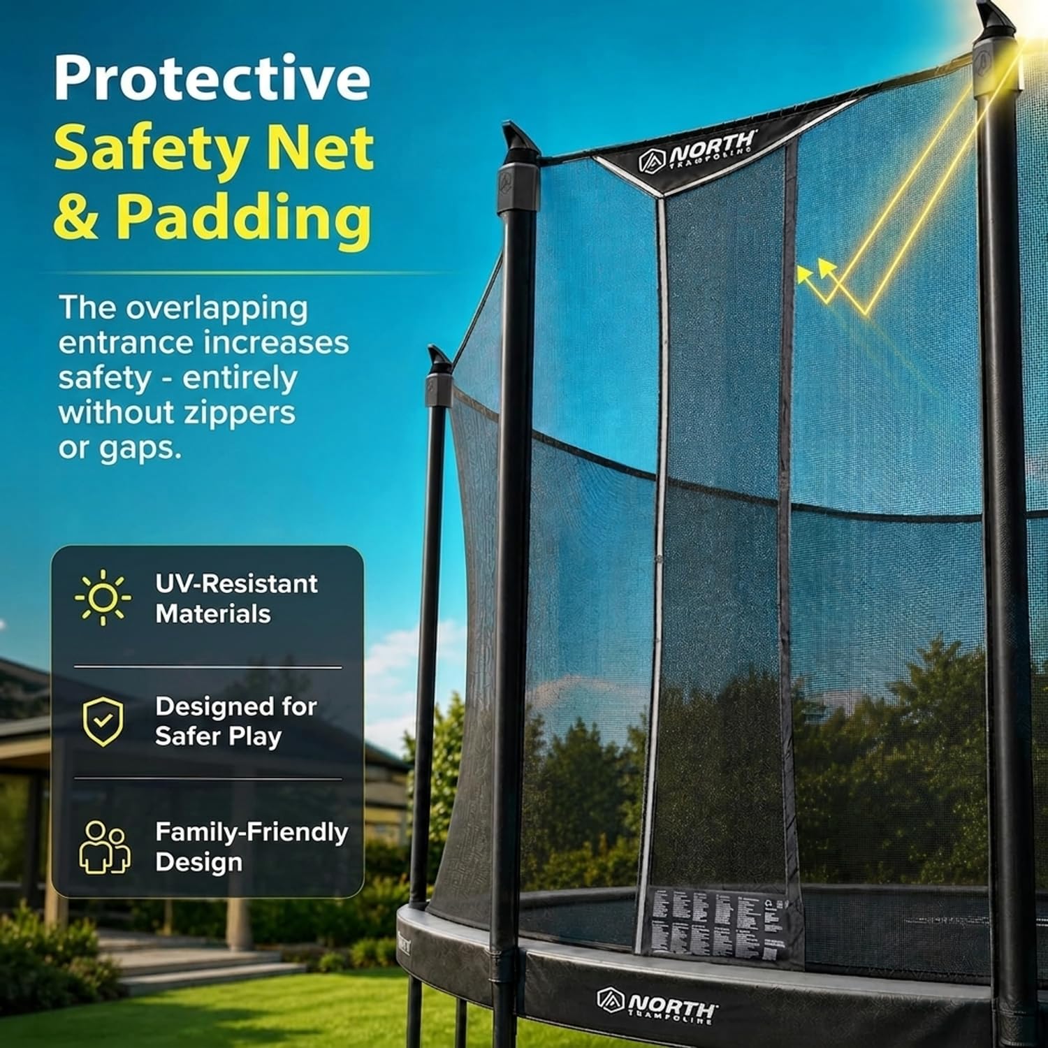 North Trampoline Pioneer Trampolin Outdoor mit Sicherheitsnetz – Prämie Gartentrampolin für Outdoor – Hohe Sprungkraft mit S400-Federn – Werkzeugloser Aufbau – Robuster Rahmen – Für Kinder & Familie