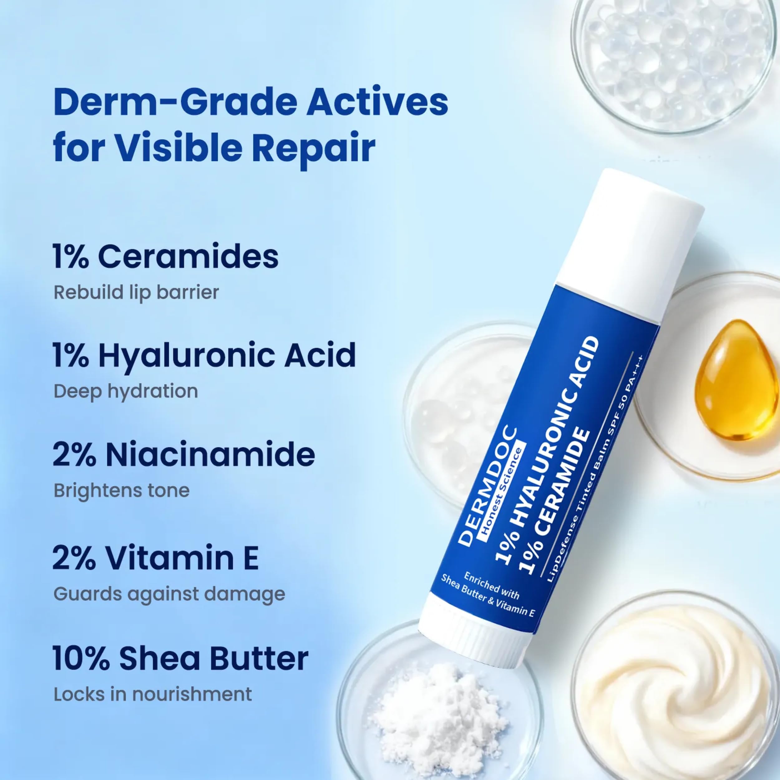 DermDoc 1% Hyaluronic Acid + 1% Ceramide Berry Tinted Lip Balm SPF 50 PA+++ 4 gm| Hydrates, Repairs & Protects Lips | UV Defense + 4 Hr Water Resistance | High Tint Coverage | Deep Moisturization | Sun Protection| Enriched with Shea Butter & Vitamin E 2