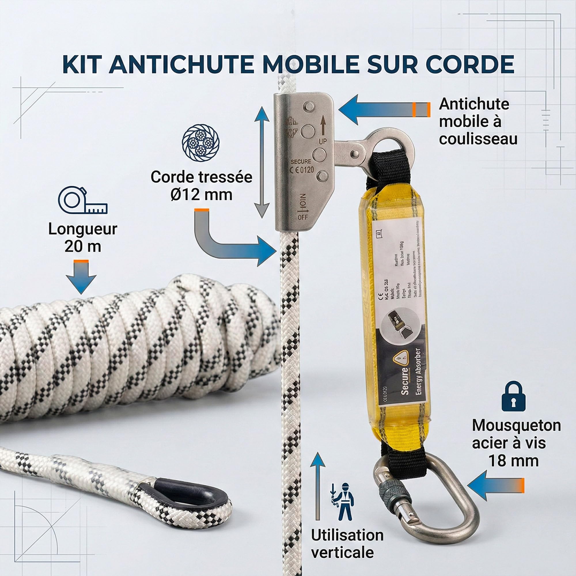 Antichute mobile sur corde Levac D12mm L10m avec absorbeur