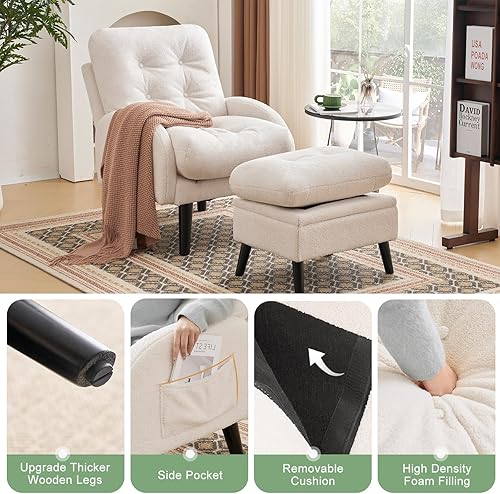 Miniatura 29 de Silla decorativa con respaldo ajustable otomano, silla de sala de estar tapizada con juego de reposapiés, silla moderna, acogedora silla reclinable