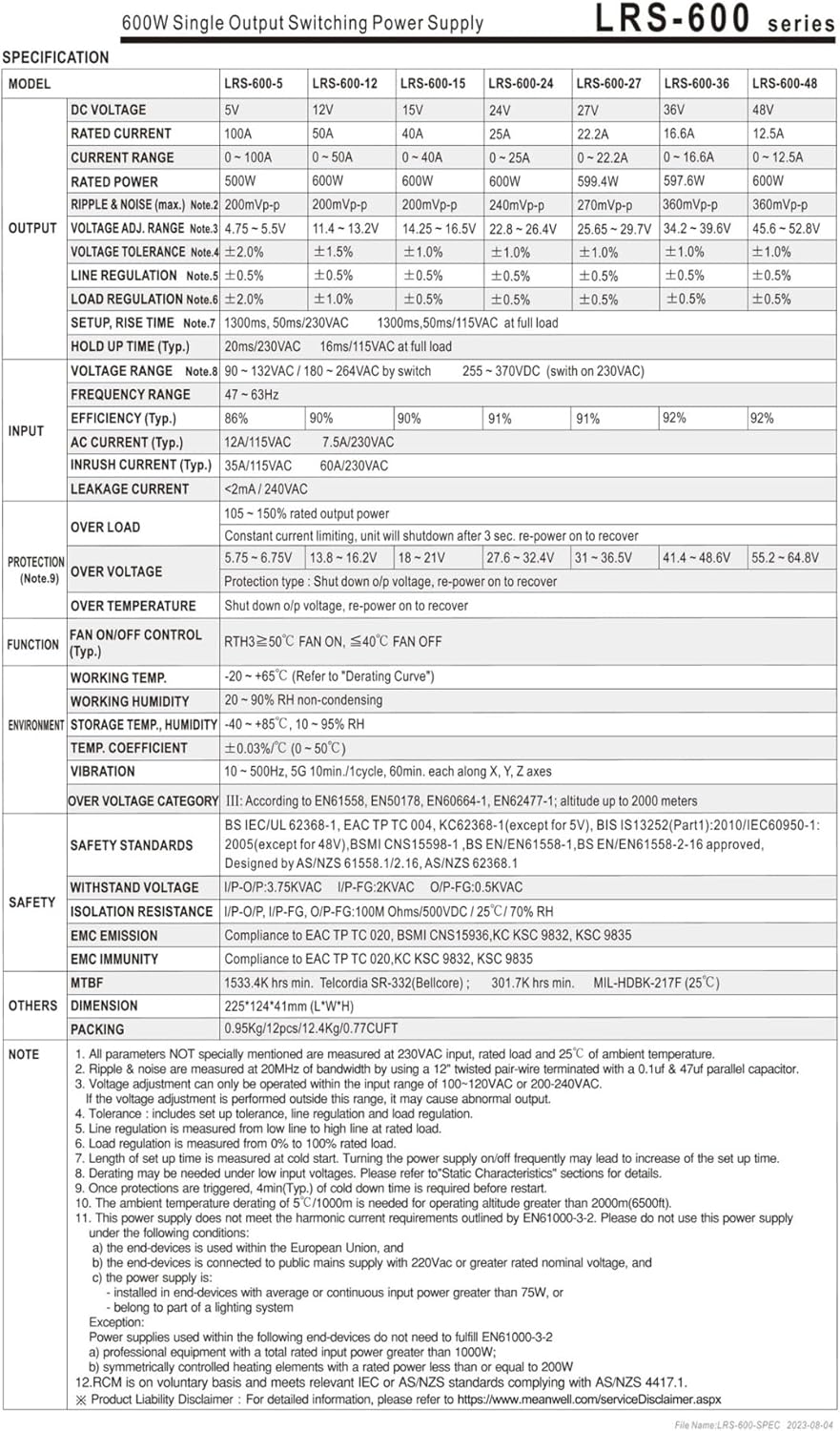 LRS-600-5 500W Single Output Switching Power Supply LRS-600 5V/100A