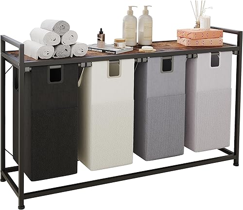 Cesta de lavandería con cuatro bolsas extraíbles, asas de tela, estante superior grande y bolsa de lavandería para baño, dormitorio, cuarto de