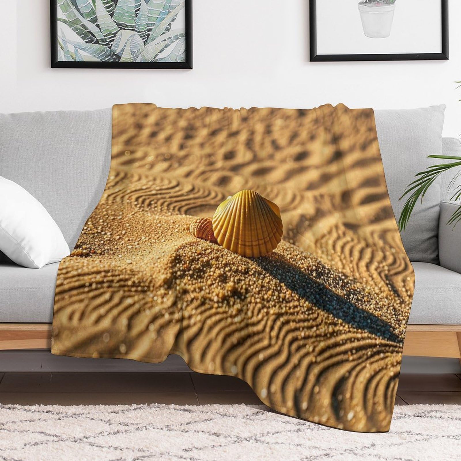 Couverture micro polaire coquillages 152x203 cm pour lit et canapé