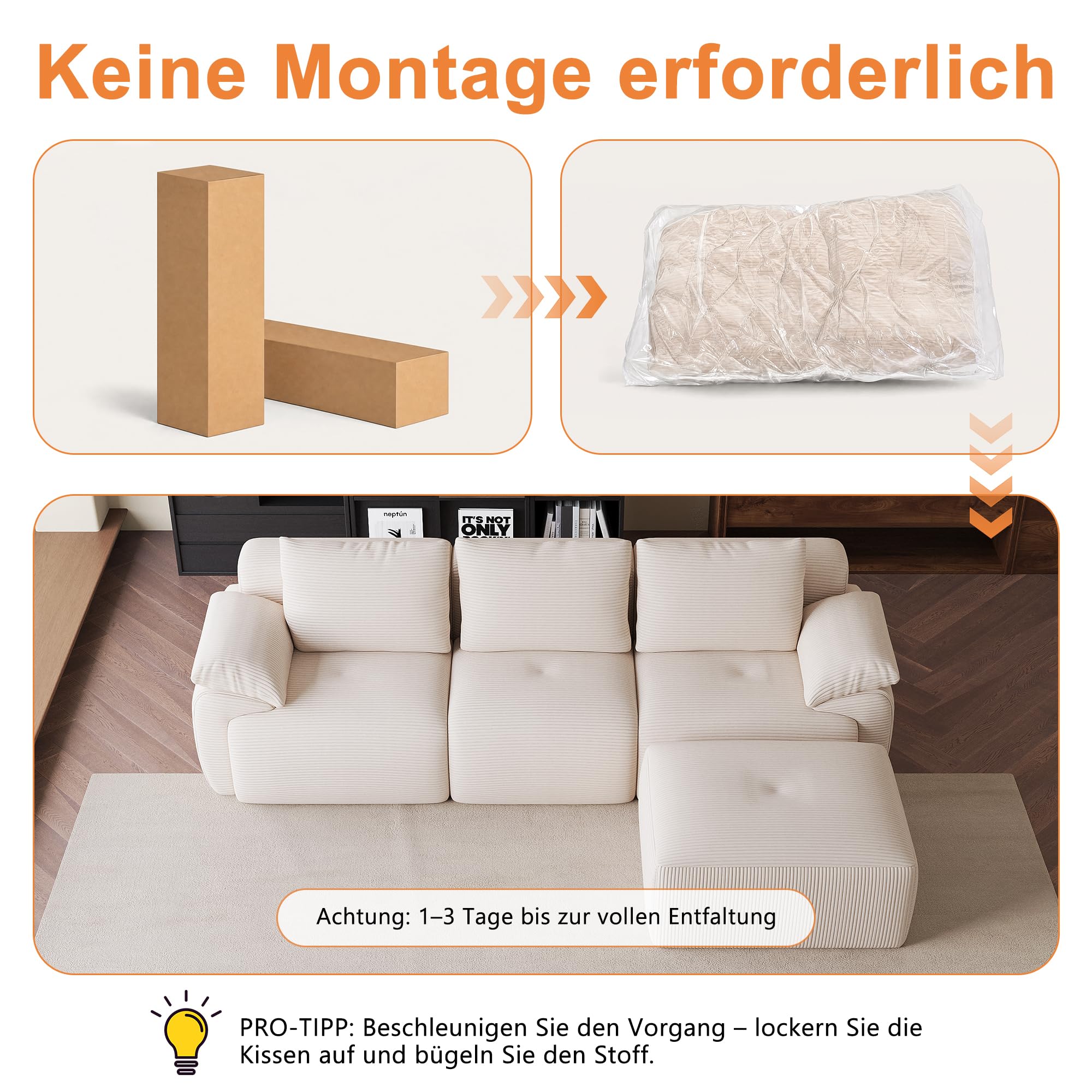 CDQL Sofa Boneless, 264 cm, bez montażu, do salonu, kremowo-biała