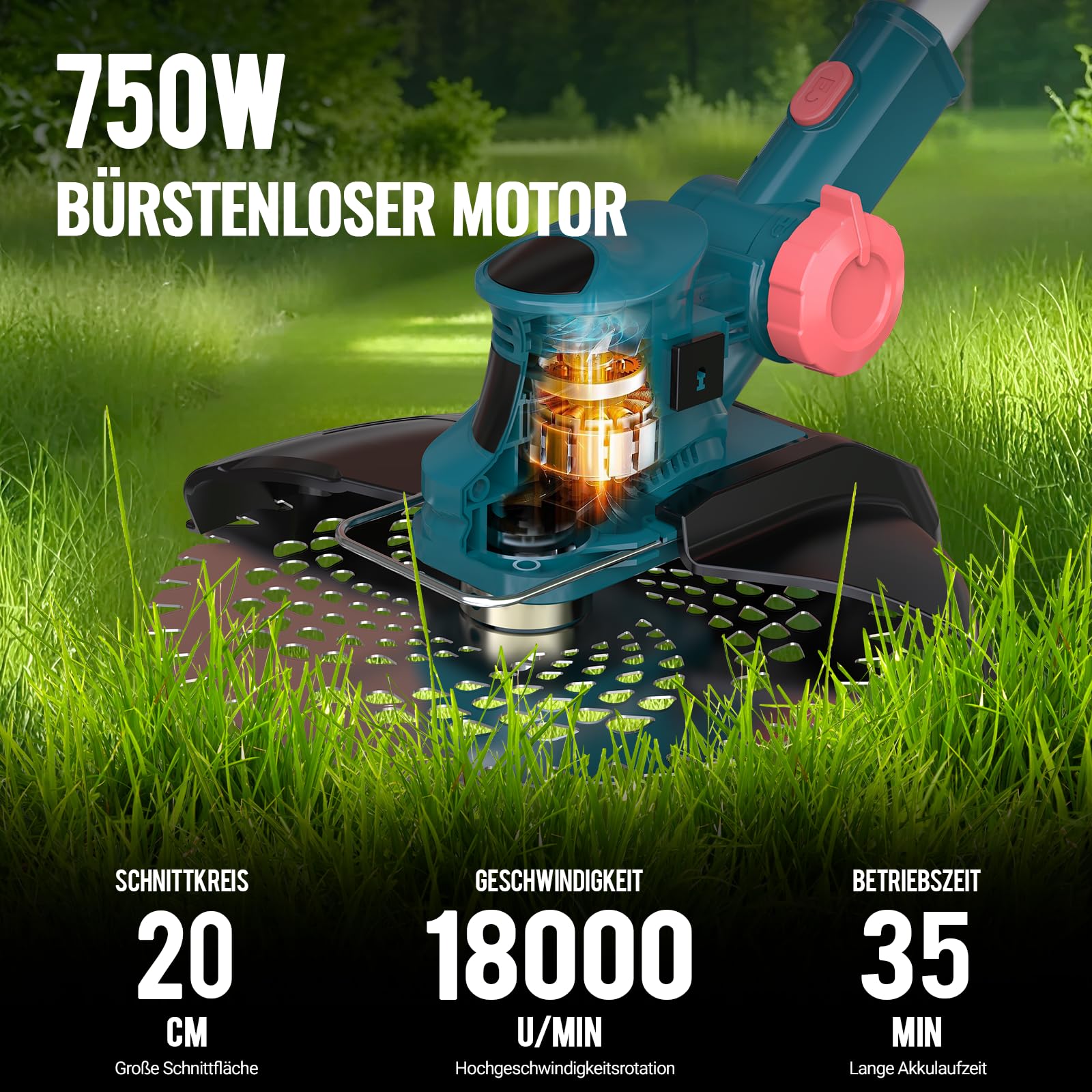 Akku Rasentrimmer mit Akku und Ladegerät, 21V Rasentrimmer für Makita Akku, Freischneider Akku - Inkl. 2 X 4.0Ah Batterie, Rasentrimmer mit Unkrautbürste, 90° Schwenkbarer Kopf, für Garten (Blau)