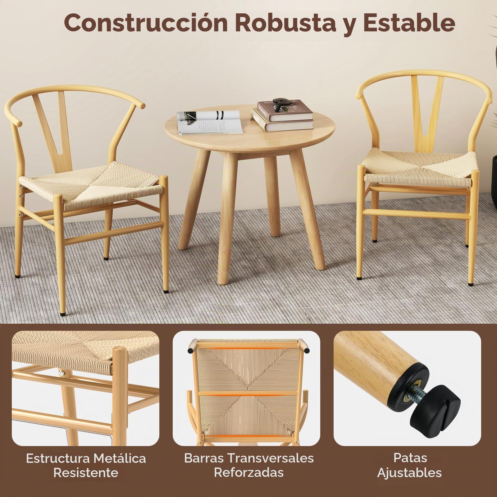 HOMASIS - Juego de 2 sillas de cocina, sillón de salón con respaldo en Y, asiento de cuerda trenzada, apoyabrazos, conjunto de 2 sillas marco de metal carga 150 kg para comedor, oficina (natural)