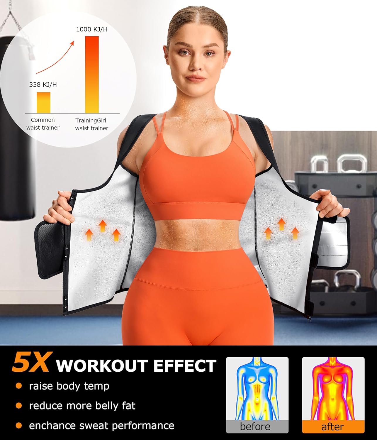 TrainingGirl Sauna Sweat Suit for Women Waist Trainer Workout Faja Weight Vest Body Shaper Shirt Band - Image 4